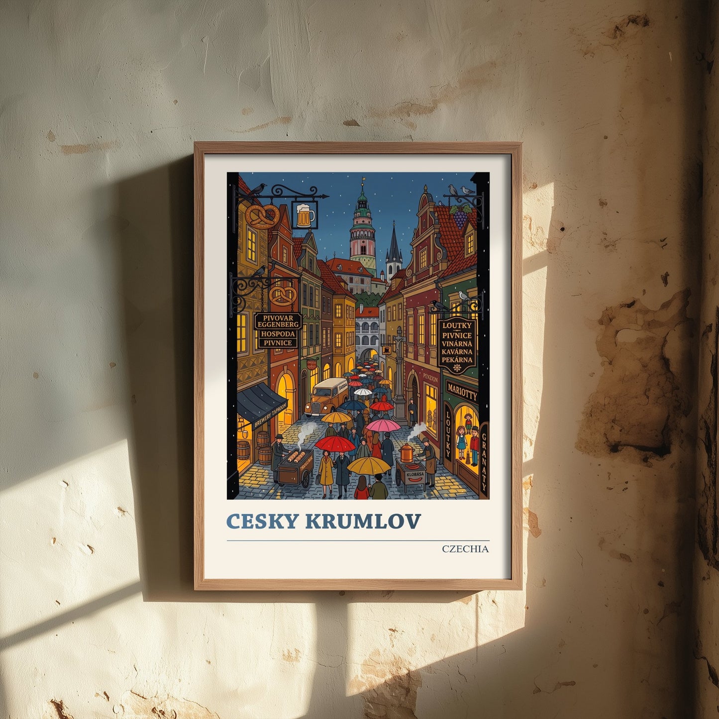 Cesky Krumlov Travel Poster - Czech Old Town Folk Art Illustration - Castle Tower and Rainy Lane Art Print 1/3