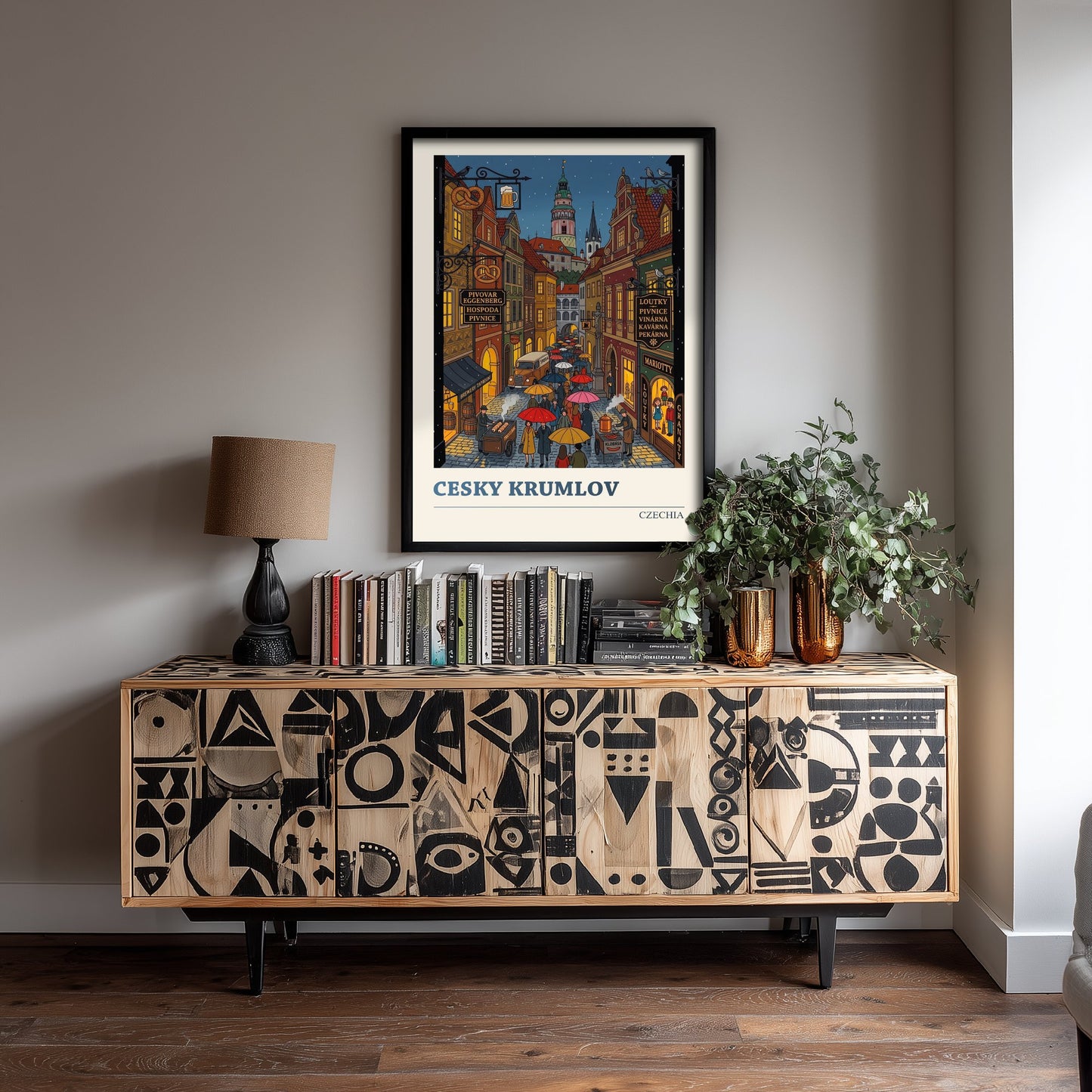 Cesky Krumlov Travel Poster - Czech Old Town Folk Art Illustration - Castle Tower and Rainy Lane Art Print 1/3