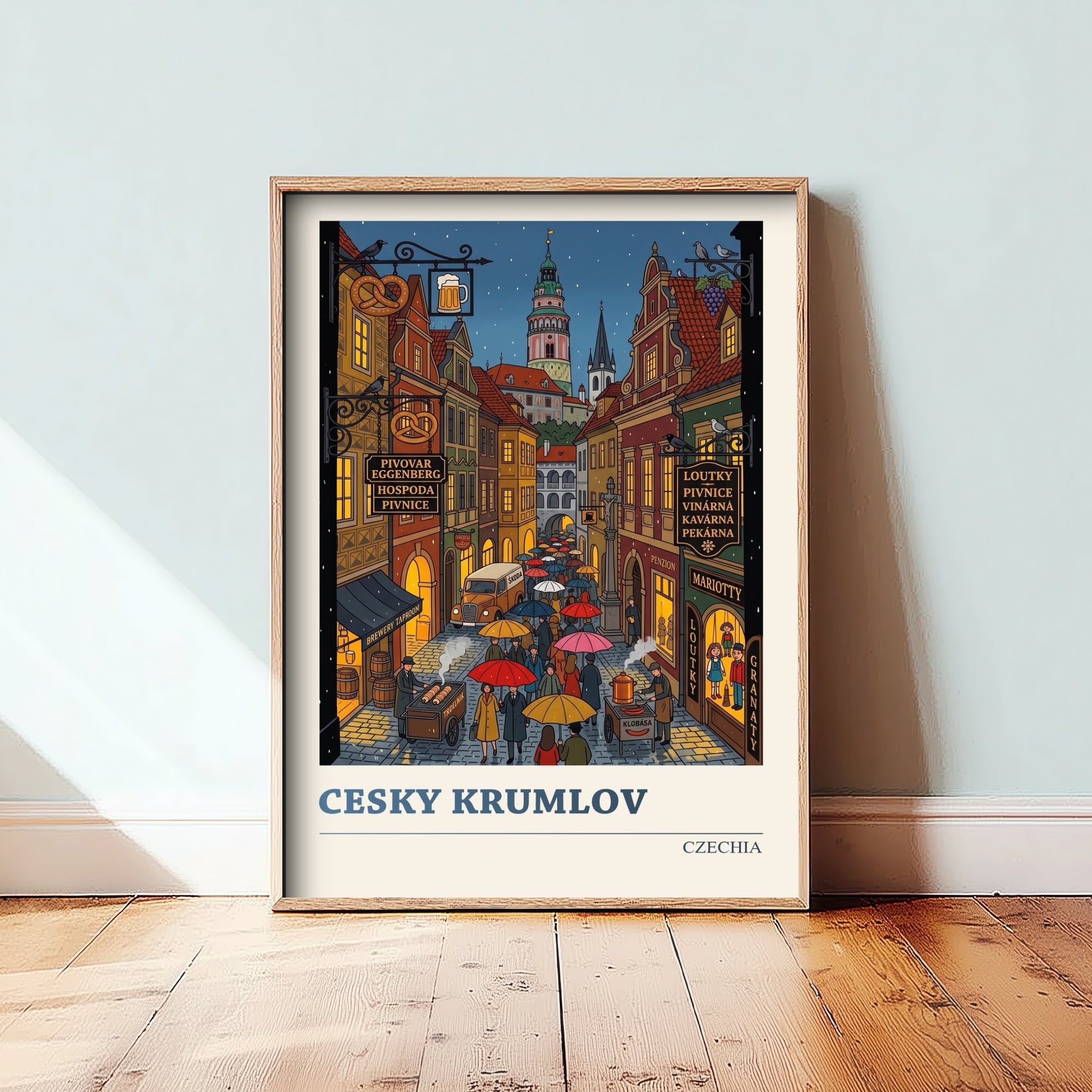 Cesky Krumlov Travel Poster - Czech Old Town Folk Art Illustration - Castle Tower and Rainy Lane Art Print 1/3