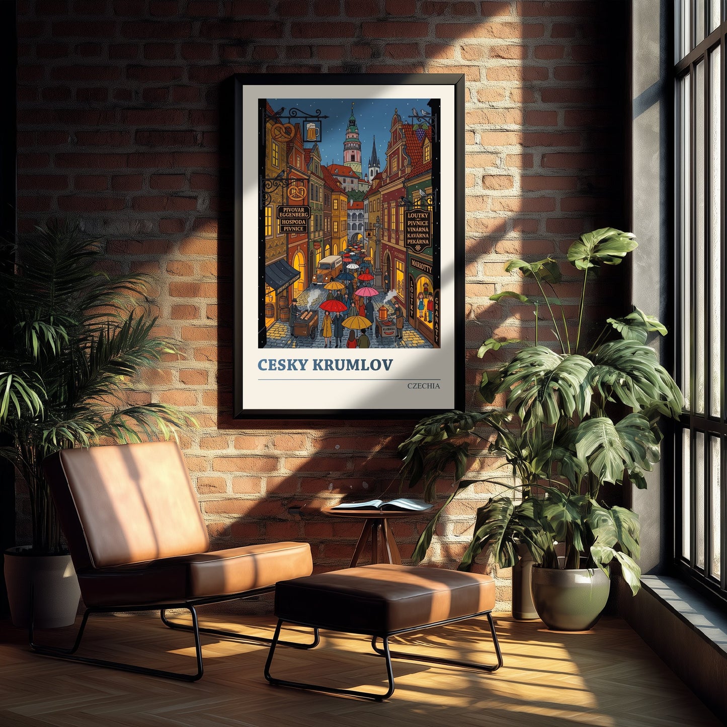 Cesky Krumlov Travel Poster - Czech Old Town Folk Art Illustration - Castle Tower and Rainy Lane Art Print 1/3
