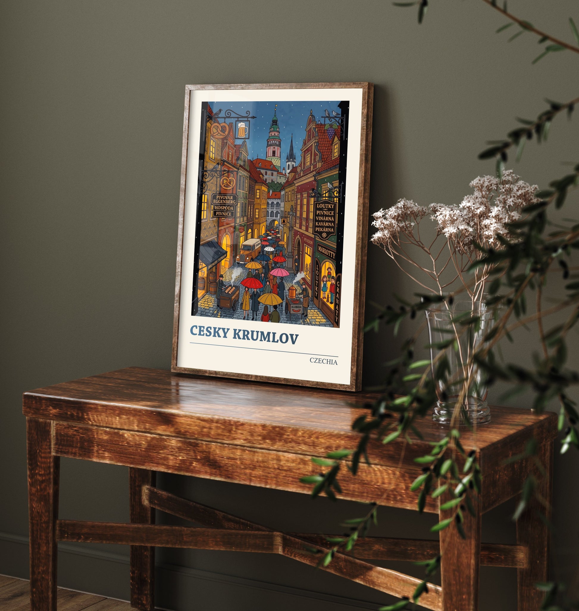 Cesky Krumlov Travel Poster - Czech Old Town Folk Art Illustration - Castle Tower and Rainy Lane Art Print 1/3