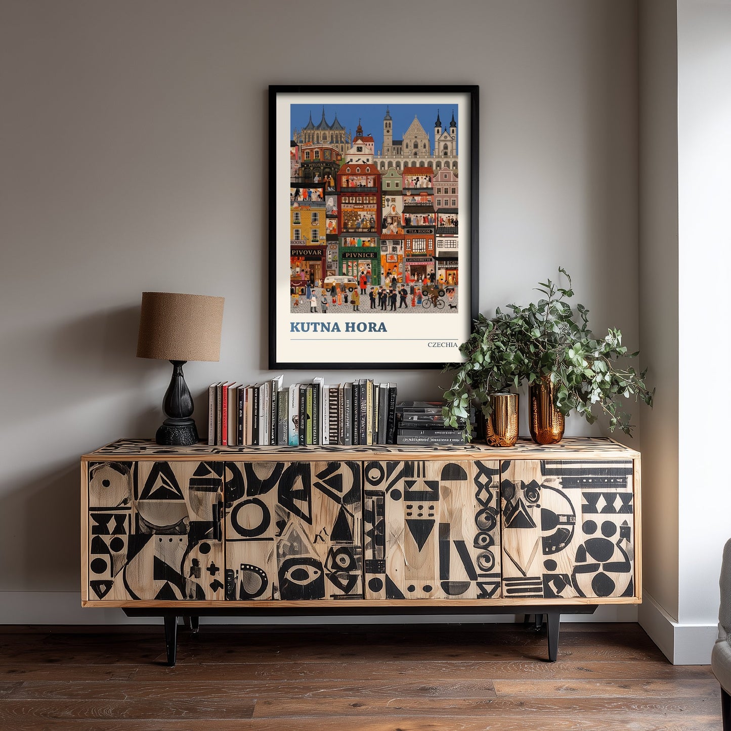 Kutna Hora Travel Poster - Czech Gothic Town Folk Art Print - St Barbara Cathedral and Busy Streets Illustration 2/3