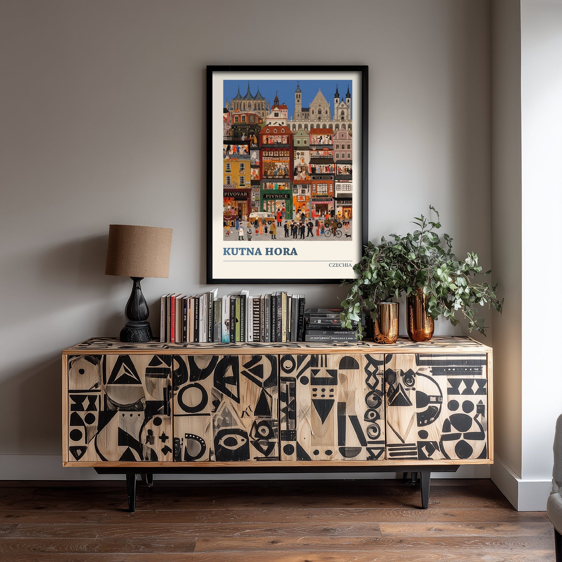 Kutna Hora Travel Poster - Czech Gothic Town Folk Art Print - St Barbara Cathedral and Busy Streets Illustration 2/3