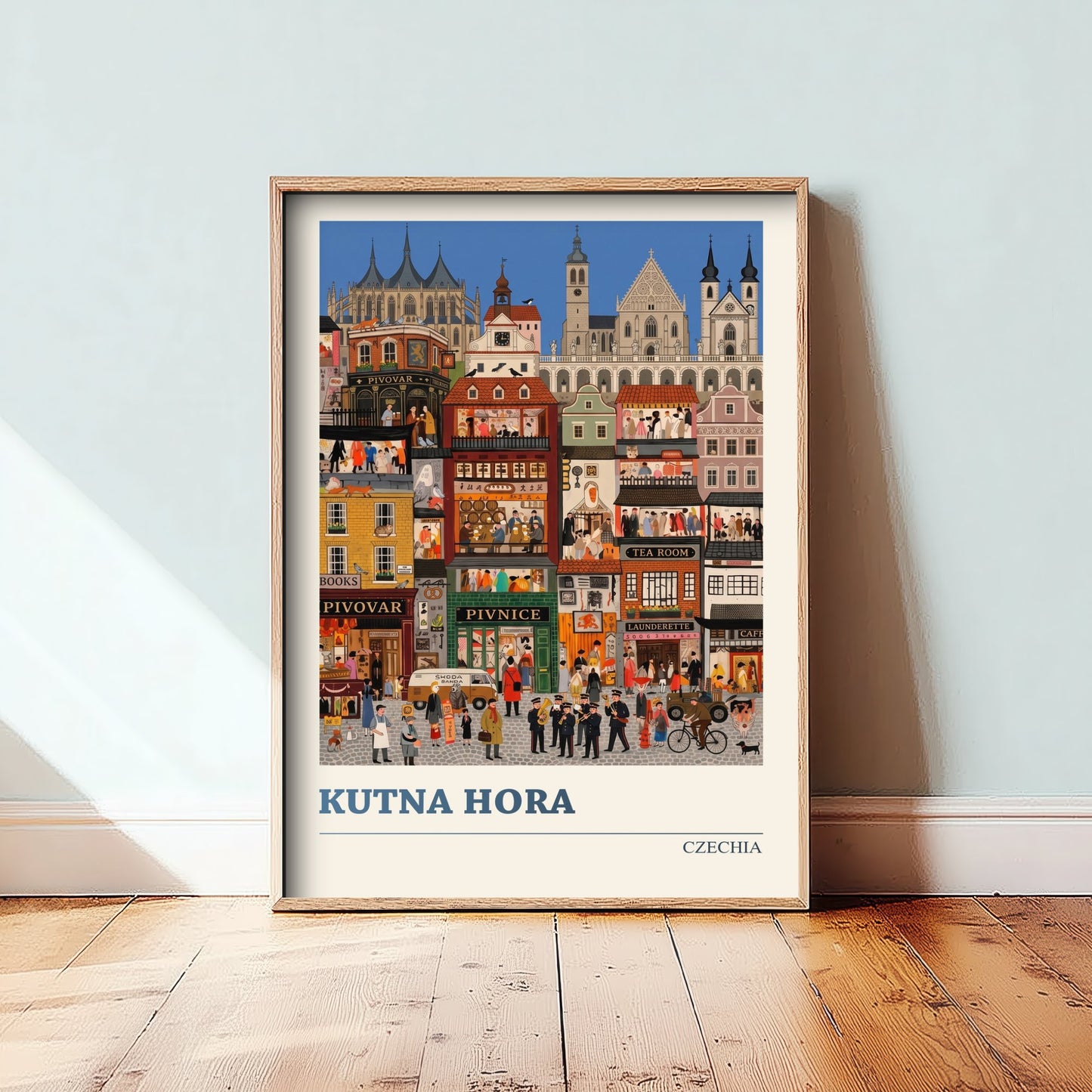 Kutna Hora Travel Poster - Czech Gothic Town Folk Art Print - St Barbara Cathedral and Busy Streets Illustration 2/3
