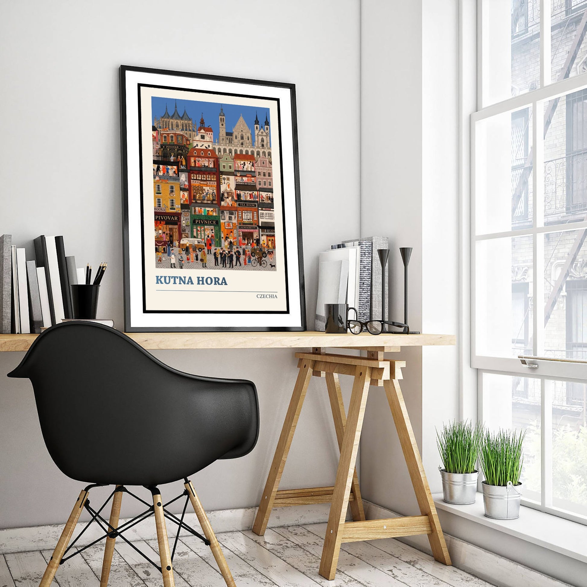 Kutna Hora Travel Poster - Czech Gothic Town Folk Art Print - St Barbara Cathedral and Busy Streets Illustration 2/3
