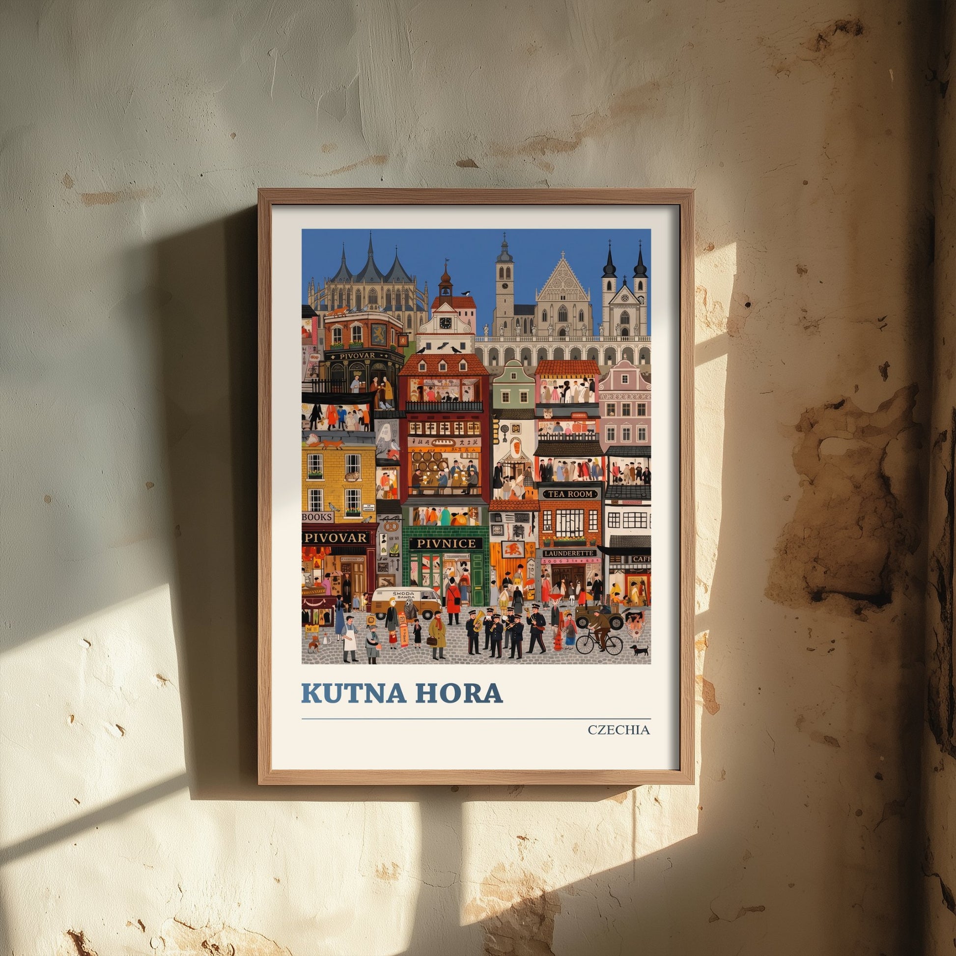 Kutna Hora Travel Poster - Czech Gothic Town Folk Art Print - St Barbara Cathedral and Busy Streets Illustration 2/3