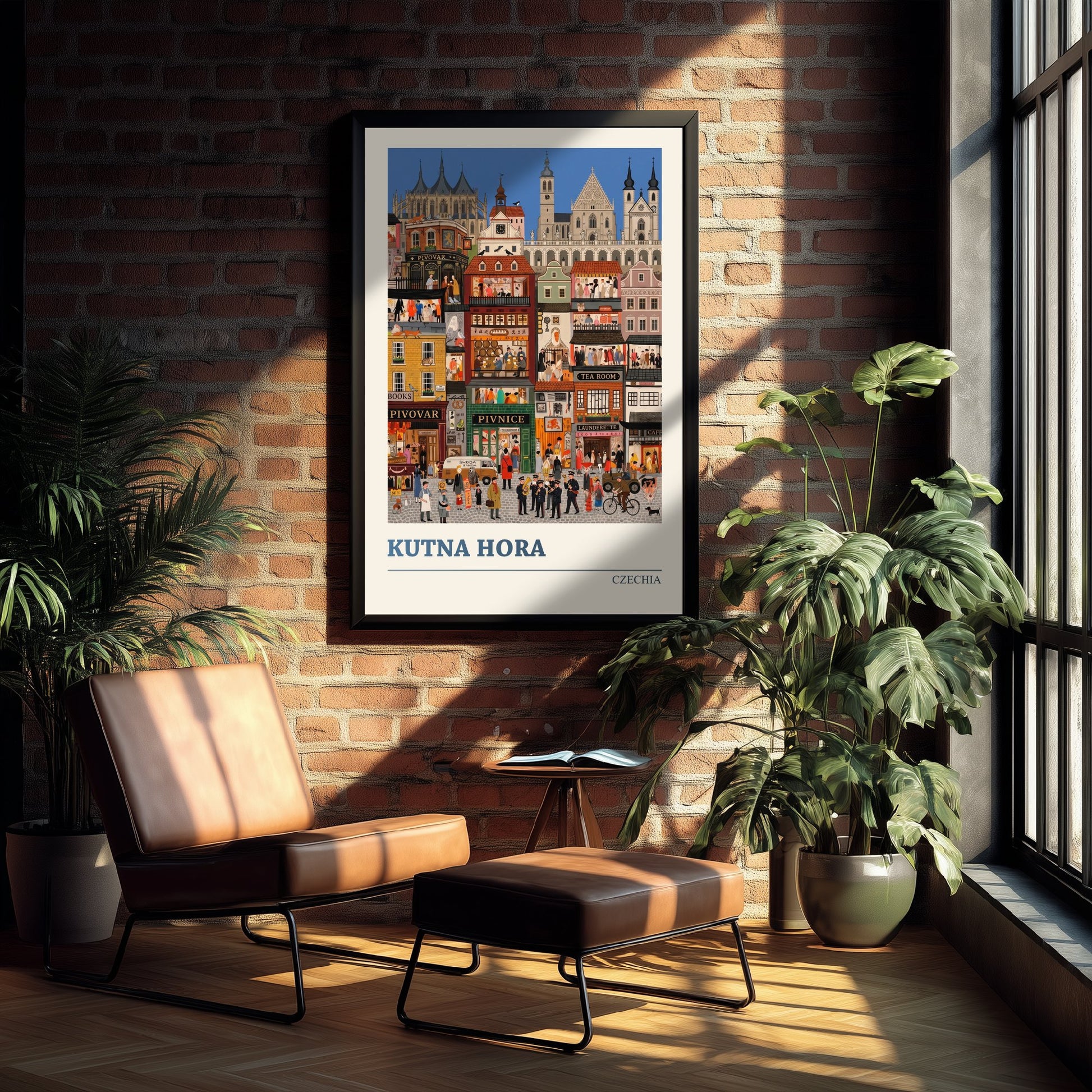 Kutna Hora Travel Poster - Czech Gothic Town Folk Art Print - St Barbara Cathedral and Busy Streets Illustration 2/3