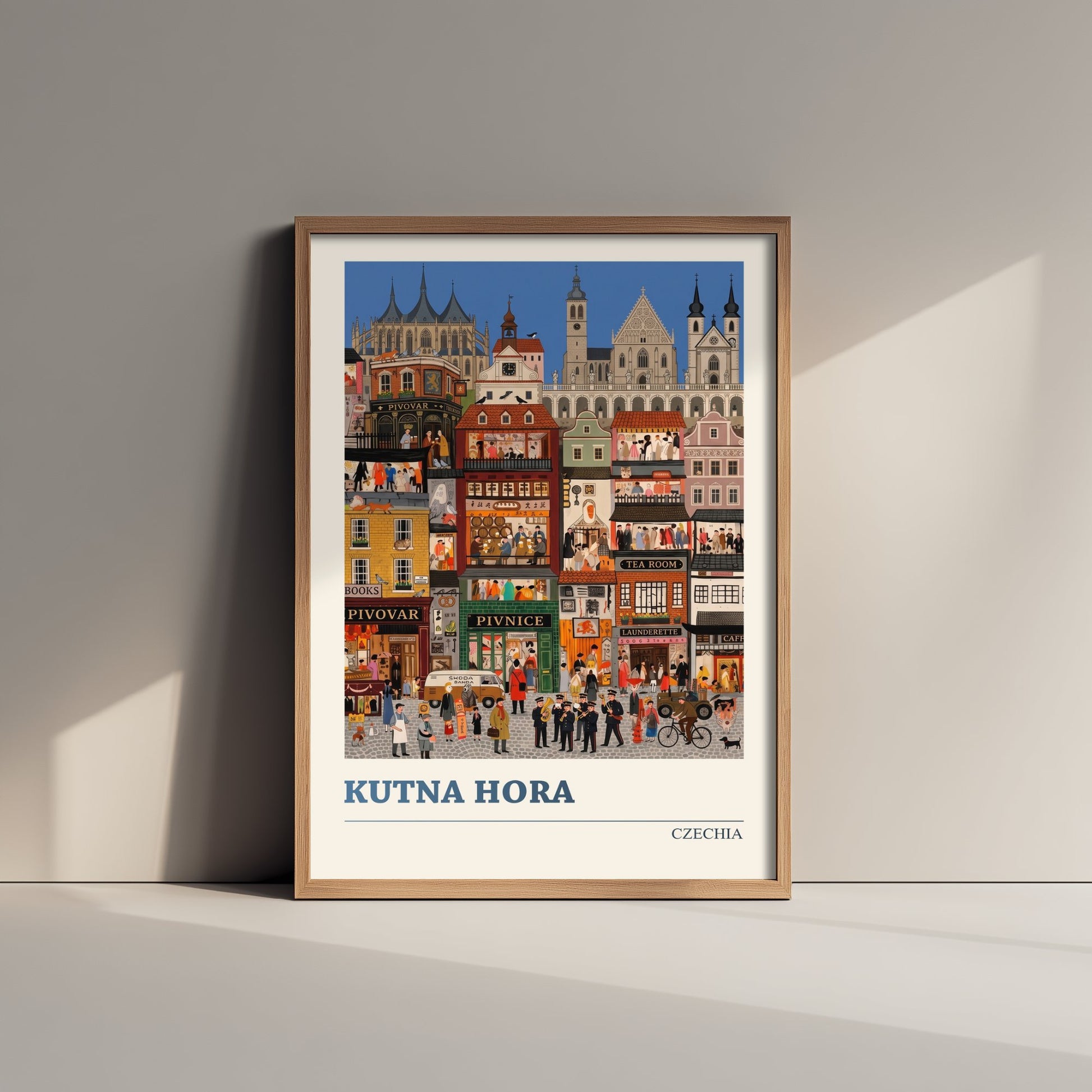 Kutna Hora Travel Poster - Czech Gothic Town Folk Art Print - St Barbara Cathedral and Busy Streets Illustration 2/3