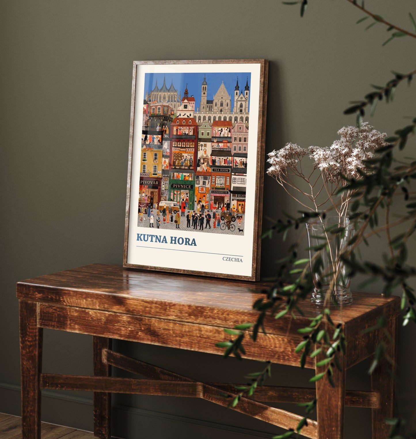 Kutna Hora Travel Poster - Czech Gothic Town Folk Art Print - St Barbara Cathedral and Busy Streets Illustration 2/3