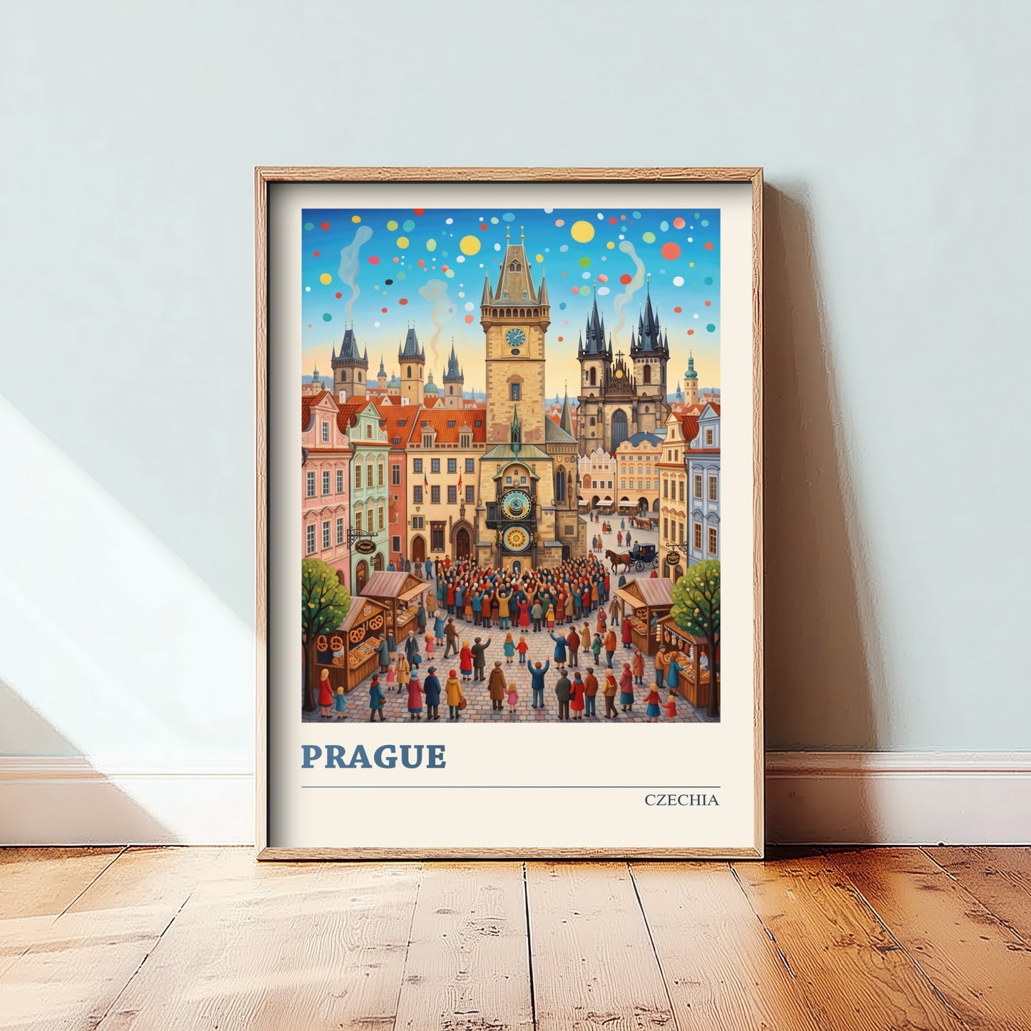 Prague Travel Poster - Old Town Square Folk Art Illustration - Astronomical Clock and Tyn Church Art Print 3/3