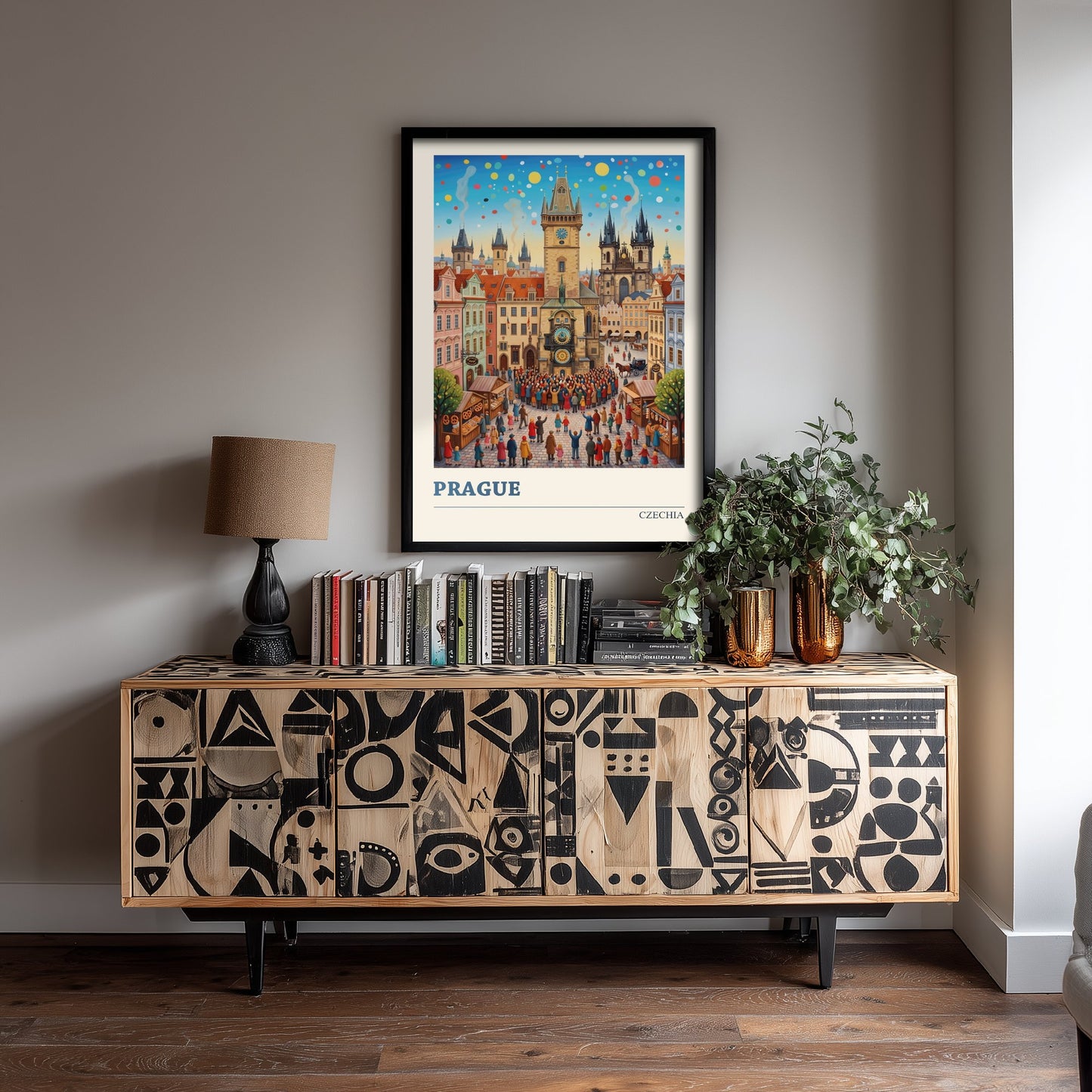 Prague Travel Poster - Old Town Square Folk Art Illustration - Astronomical Clock and Tyn Church Art Print 3/3