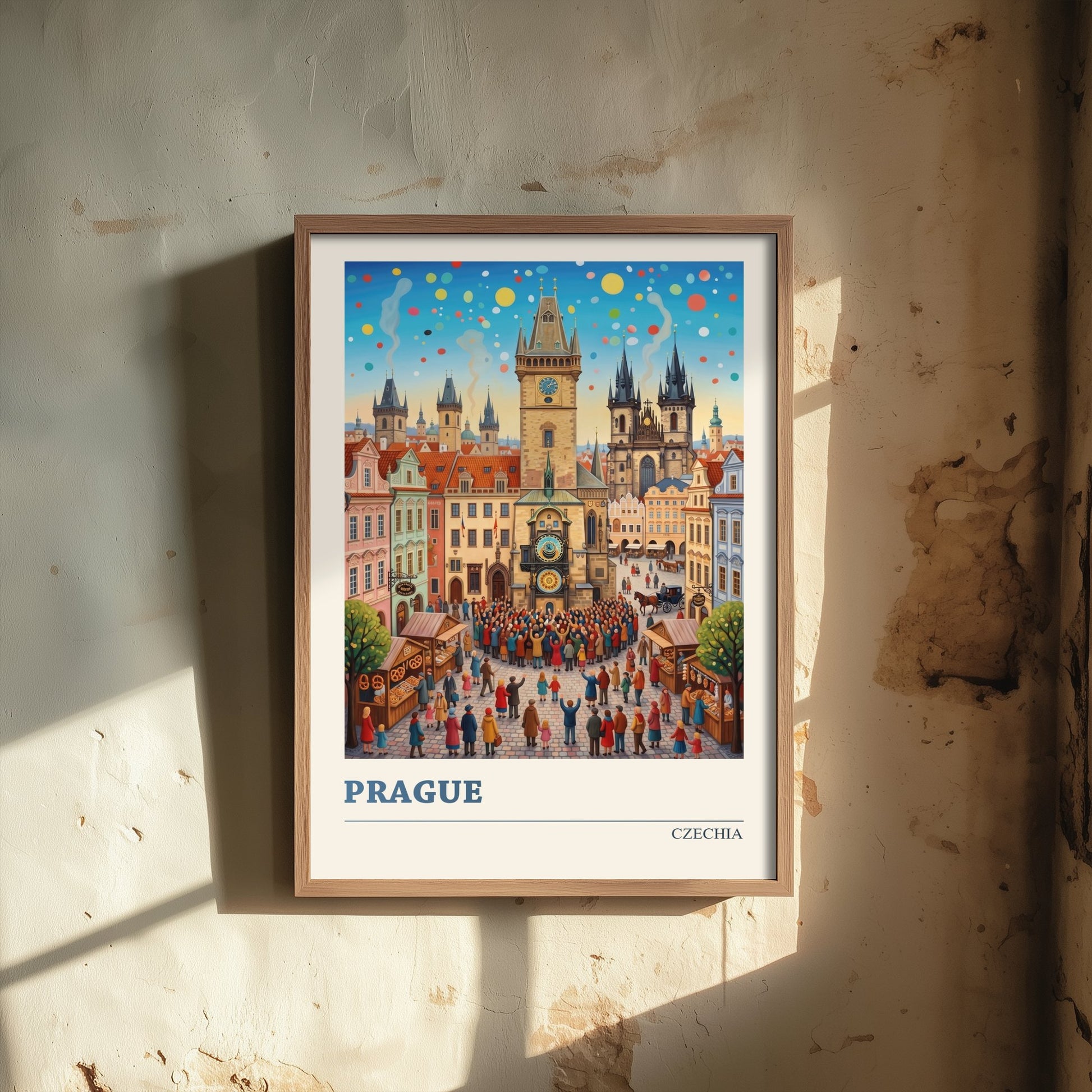 Prague Travel Poster - Old Town Square Folk Art Illustration - Astronomical Clock and Tyn Church Art Print 3/3