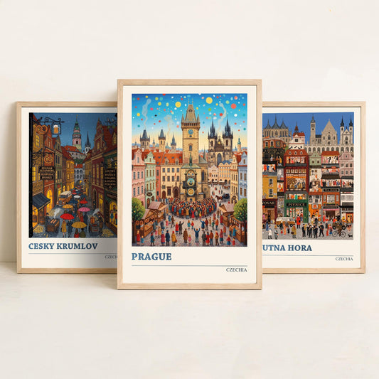 Czechia Set of Three Art Prints - Cesky Krumlov, Kutna Hora, Prague - 3 Colourful Folk Illustration Travel Posters - Czech Painting