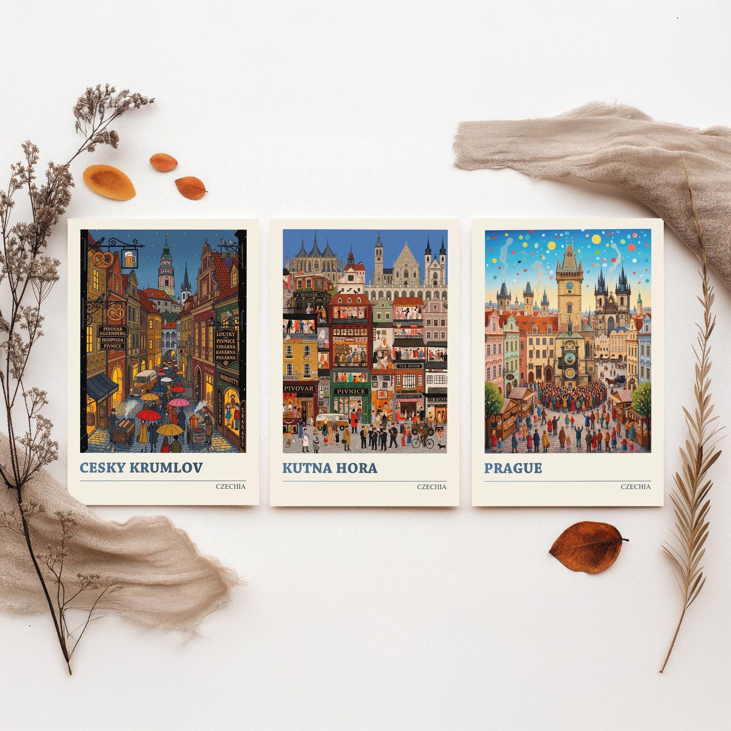 Czechia Set of Three Art Prints - Cesky Krumlov, Kutna Hora, Prague - 3 Colourful Folk Illustration Travel Posters - Czech Painting
