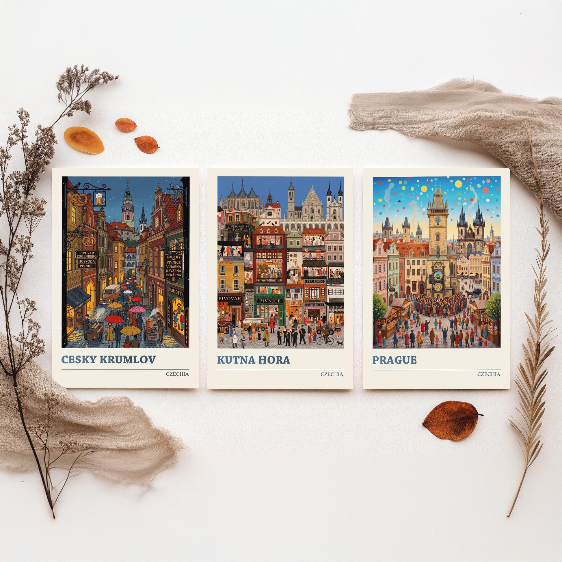 Czechia Set of Three Art Prints - Cesky Krumlov, Kutna Hora, Prague - 3 Colourful Folk Illustration Travel Posters - Czech Painting