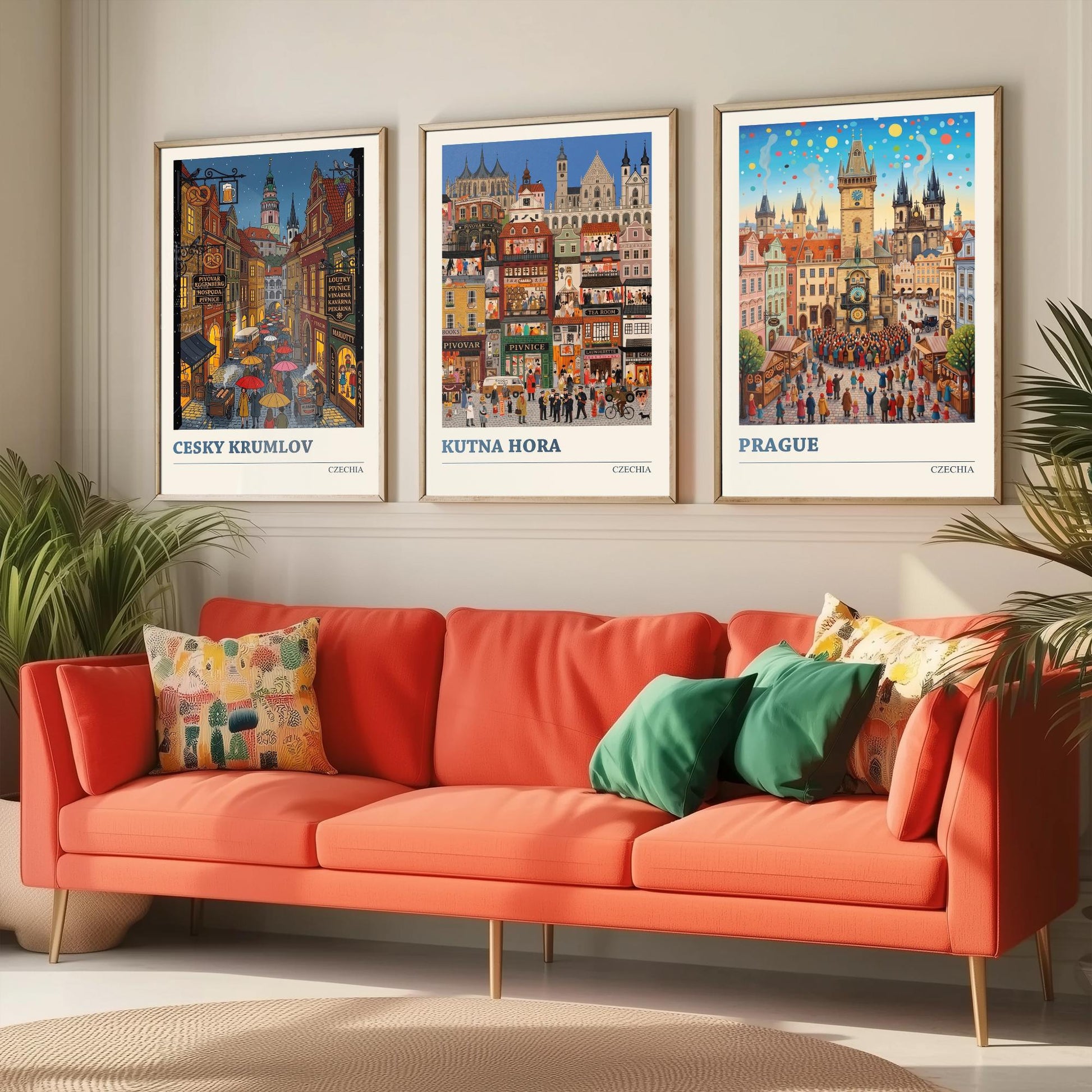 Czechia Set of Three Art Prints - Cesky Krumlov, Kutna Hora, Prague - 3 Colourful Folk Illustration Travel Posters - Czech Painting