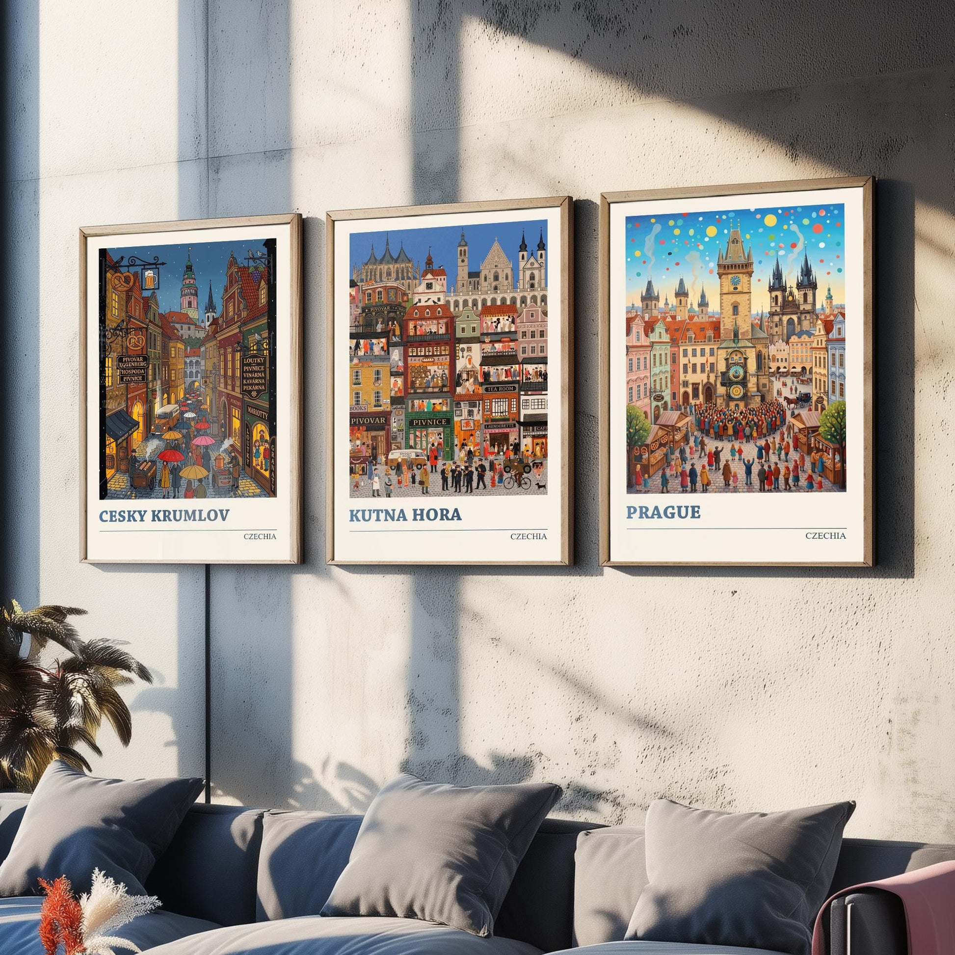 Czechia Set of Three Art Prints - Cesky Krumlov, Kutna Hora, Prague - 3 Colourful Folk Illustration Travel Posters - Czech Painting