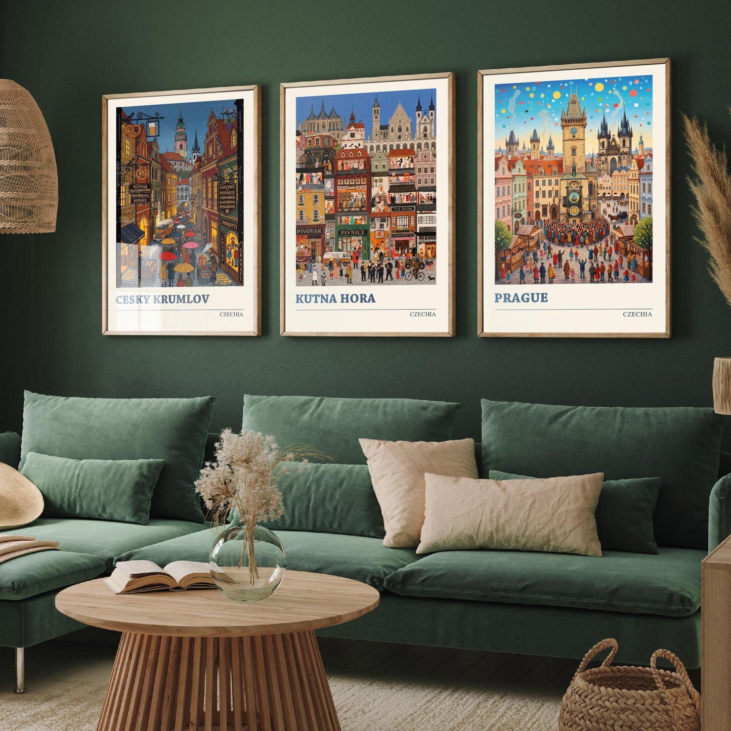 Czechia Set of Three Art Prints - Cesky Krumlov, Kutna Hora, Prague - 3 Colourful Folk Illustration Travel Posters - Czech Painting