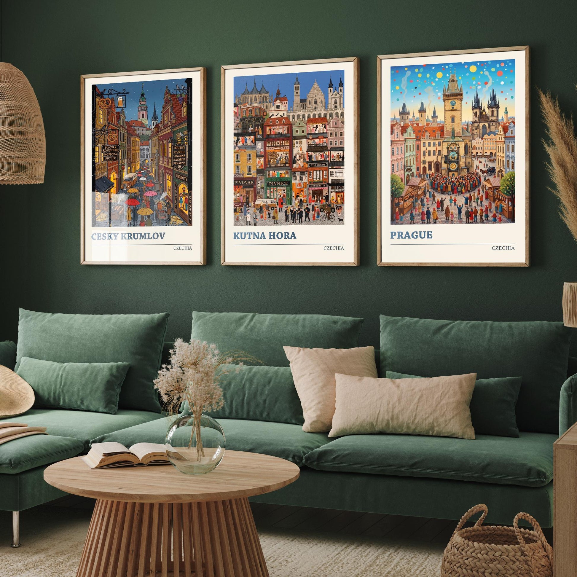 Czechia Set of Three Art Prints - Cesky Krumlov, Kutna Hora, Prague - 3 Colourful Folk Illustration Travel Posters - Czech Painting