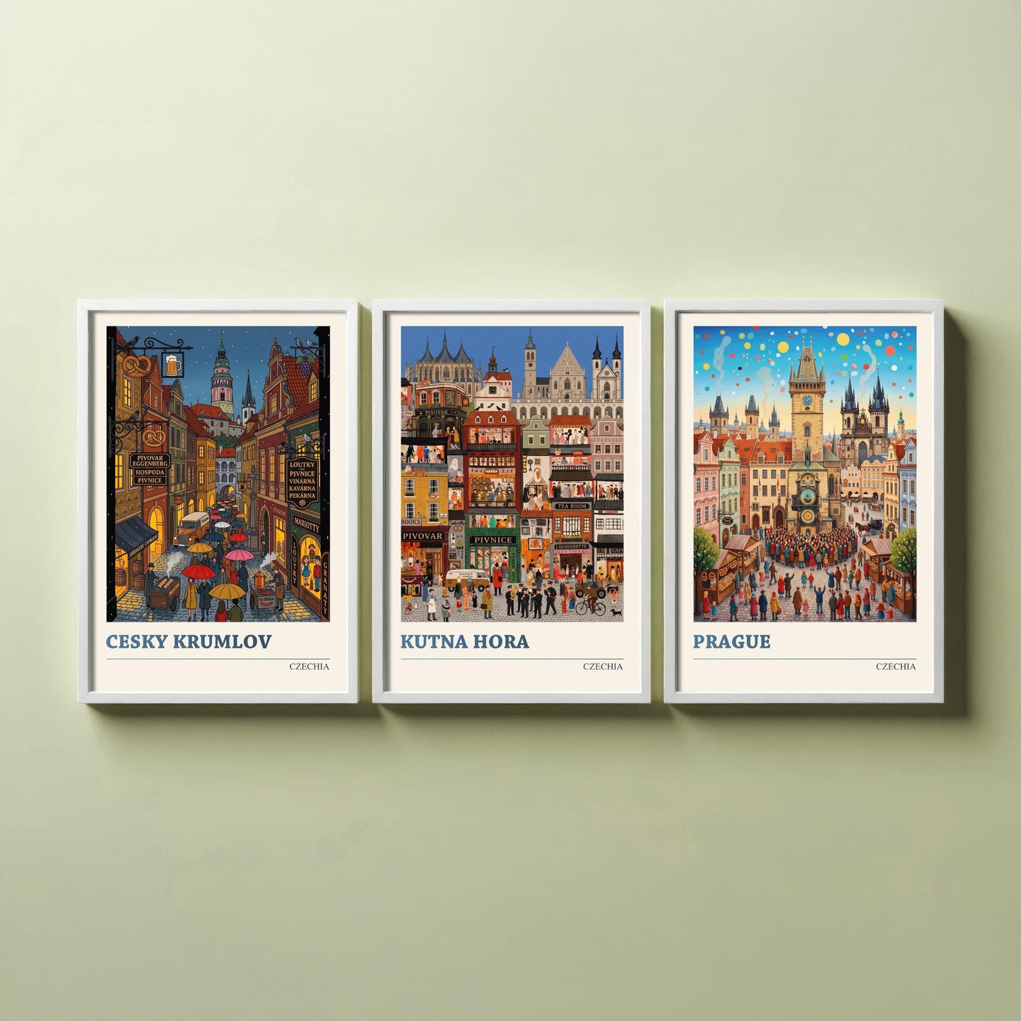 Czechia Set of Three Art Prints - Cesky Krumlov, Kutna Hora, Prague - 3 Colourful Folk Illustration Travel Posters - Czech Painting