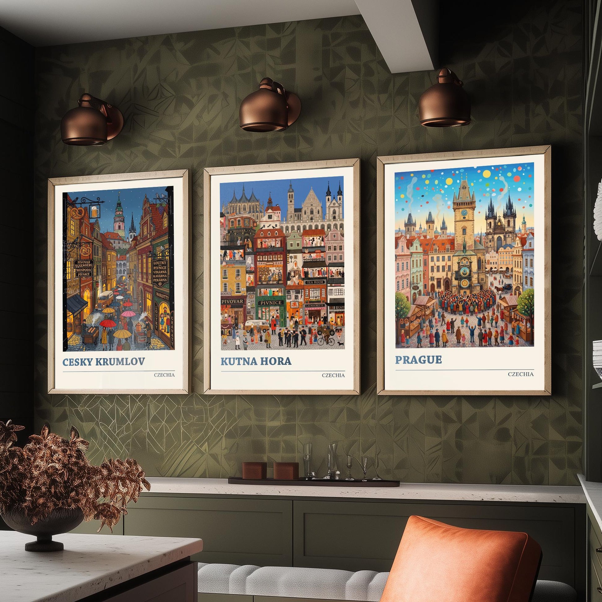 Czechia Set of Three Art Prints - Cesky Krumlov, Kutna Hora, Prague - 3 Colourful Folk Illustration Travel Posters - Czech Painting