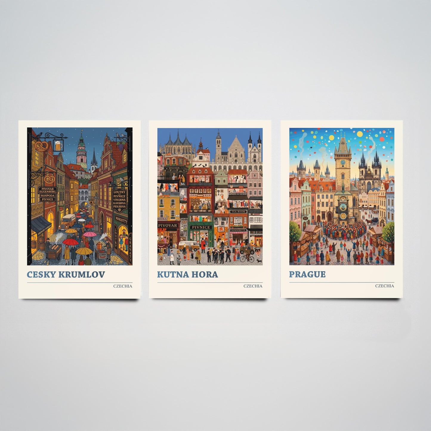 Czechia Set of Three Art Prints - Cesky Krumlov, Kutna Hora, Prague - 3 Colourful Folk Illustration Travel Posters - Czech Painting