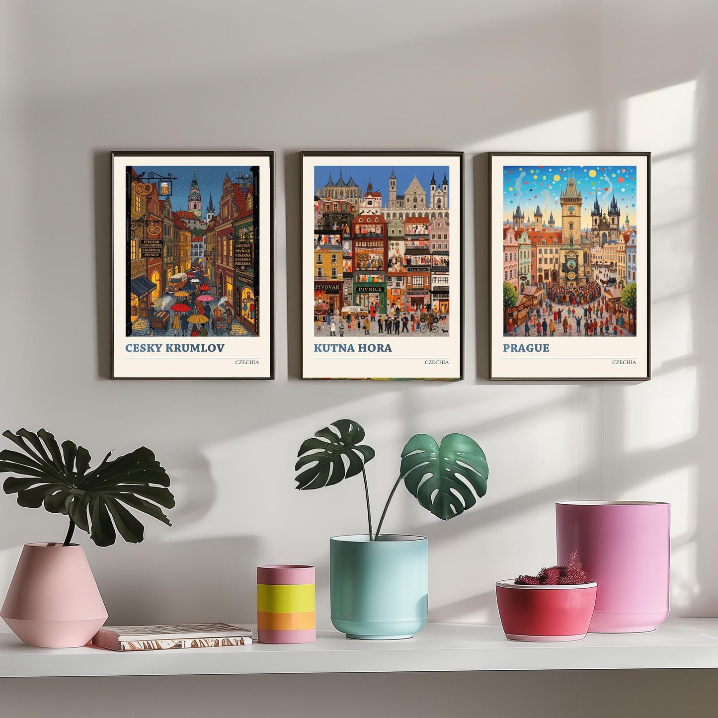 Czechia Set of Three Art Prints - Cesky Krumlov, Kutna Hora, Prague - 3 Colourful Folk Illustration Travel Posters - Czech Painting