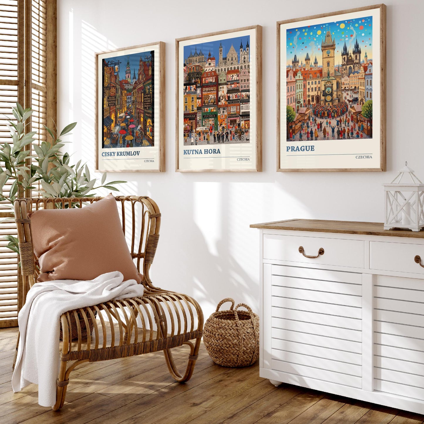 Czechia Set of Three Art Prints - Cesky Krumlov, Kutna Hora, Prague - 3 Colourful Folk Illustration Travel Posters - Czech Painting