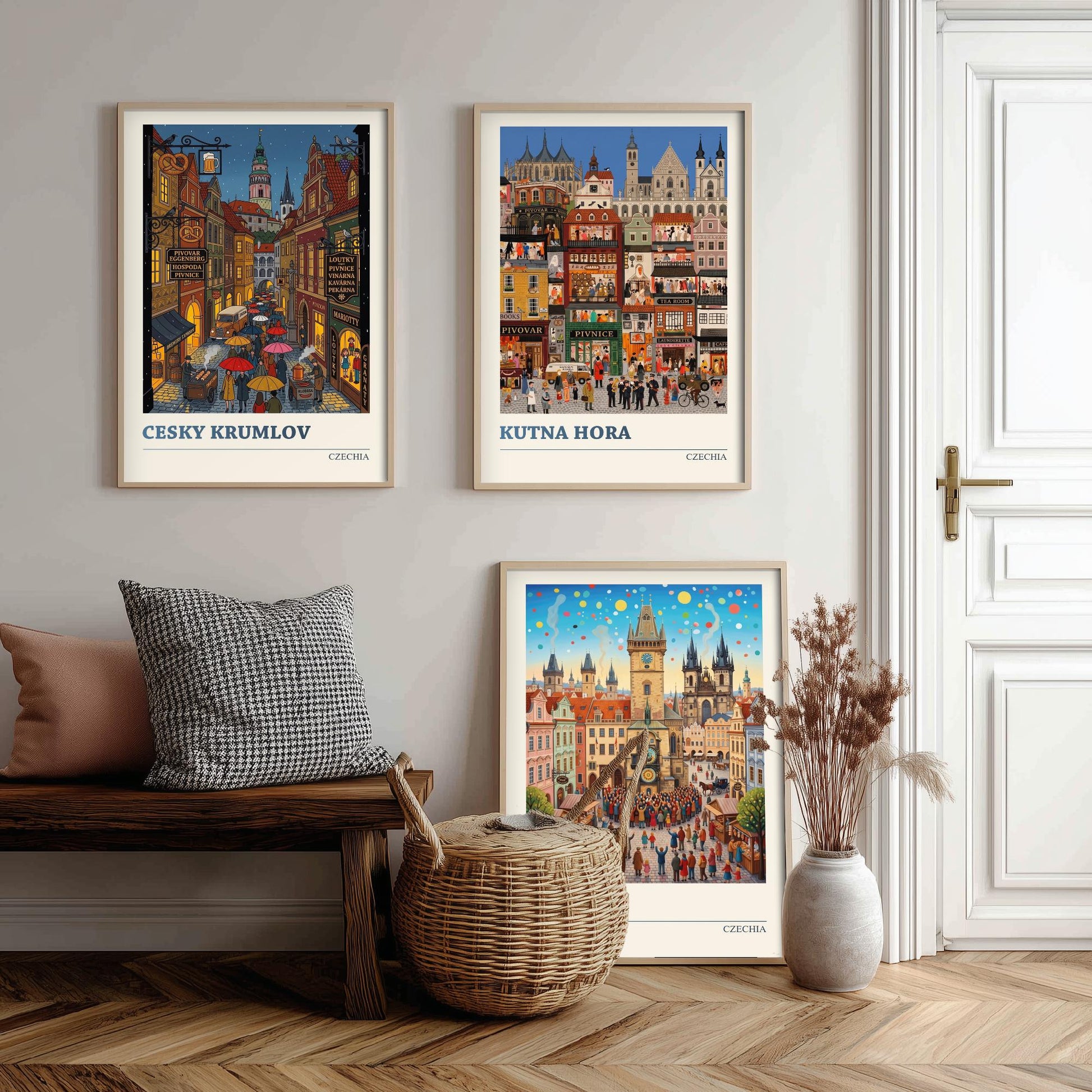 Czechia Set of Three Art Prints - Cesky Krumlov, Kutna Hora, Prague - 3 Colourful Folk Illustration Travel Posters - Czech Painting