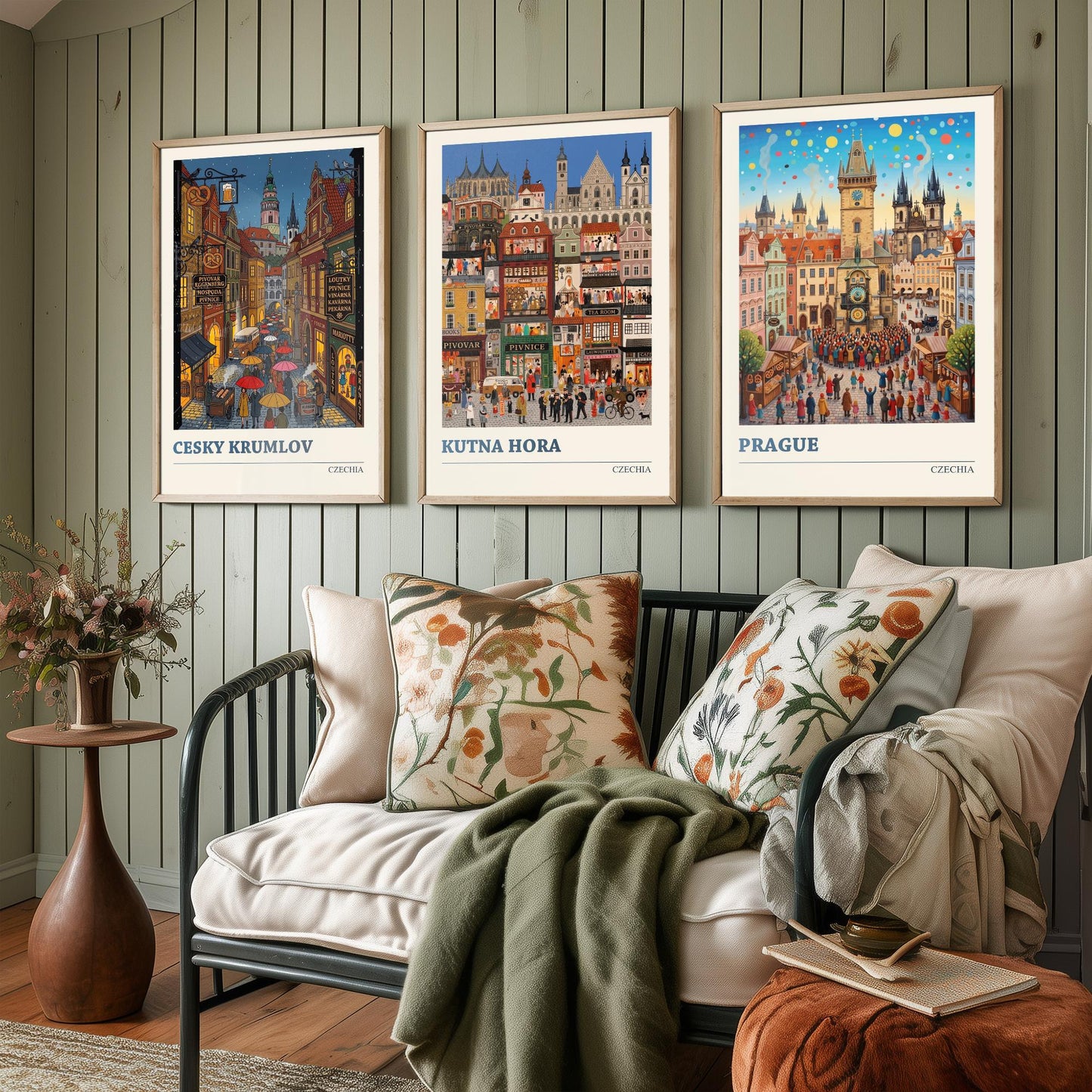 Czechia Set of Three Art Prints - Cesky Krumlov, Kutna Hora, Prague - 3 Colourful Folk Illustration Travel Posters - Czech Painting