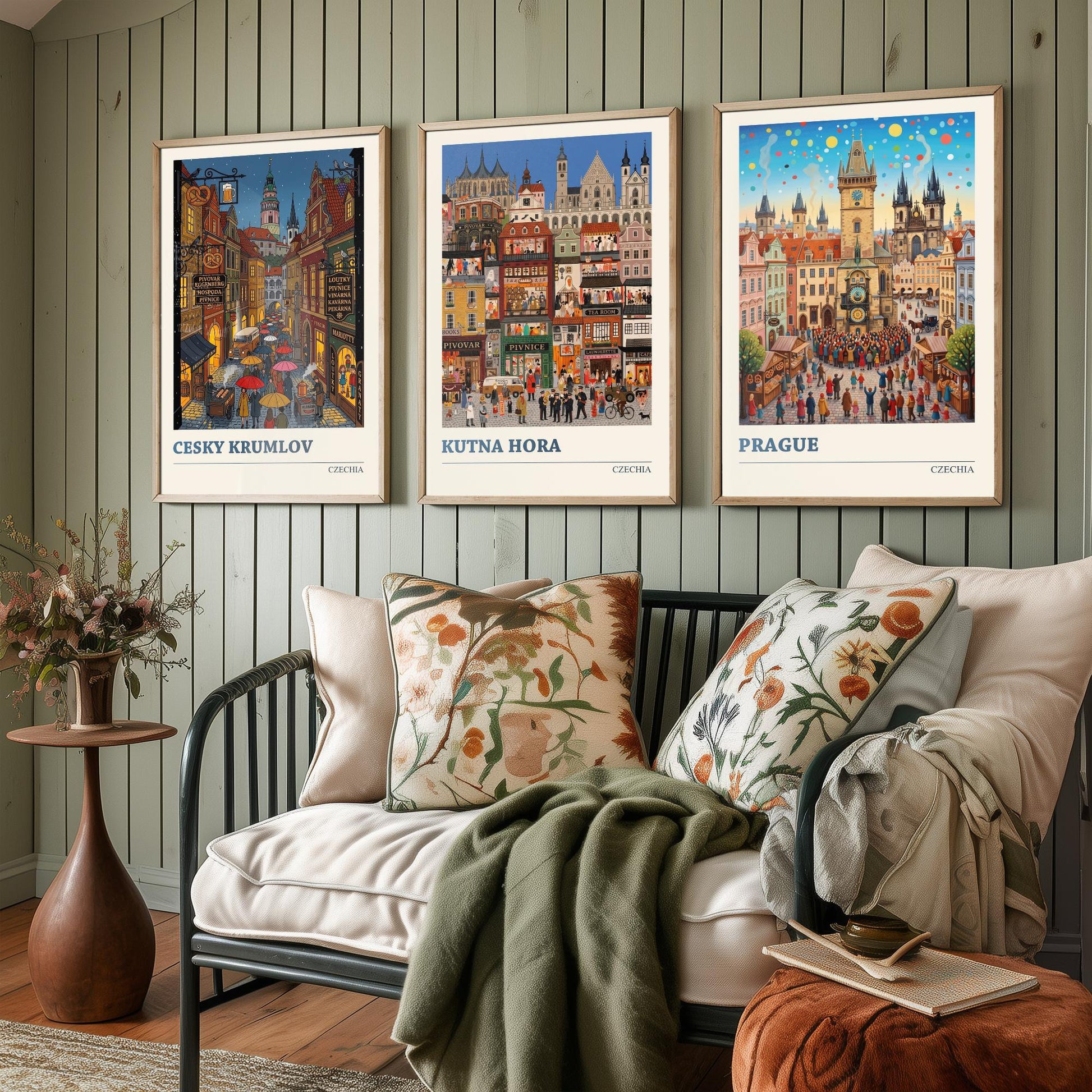 Czechia Set of Three Art Prints - Cesky Krumlov, Kutna Hora, Prague - 3 Colourful Folk Illustration Travel Posters - Czech Painting