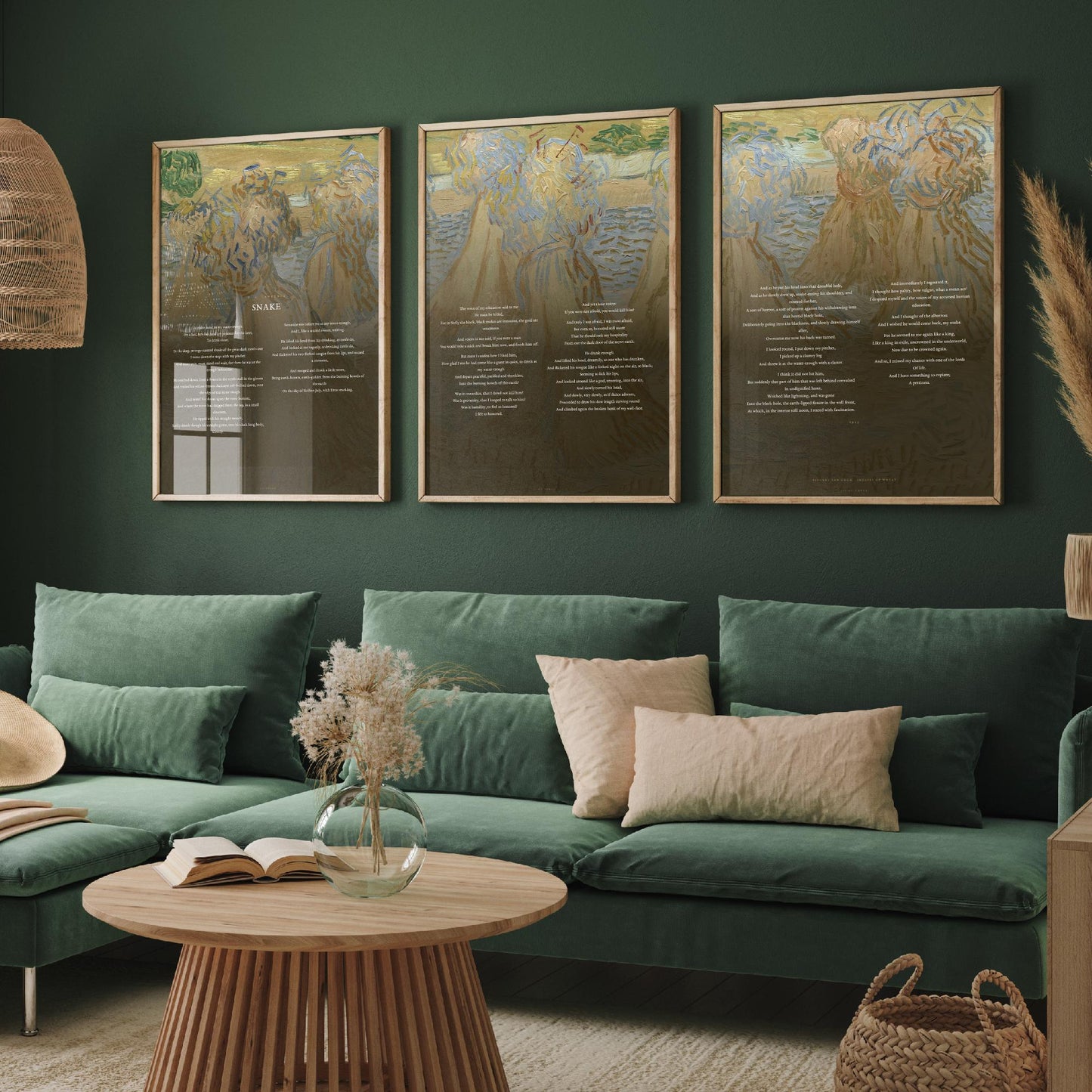 Snake by D H Lawrence Set of Three Art Prints - Full Poem over Van Gogh Sheaves of Wheat Painting - Poetry Poster Triptych Wall Decor