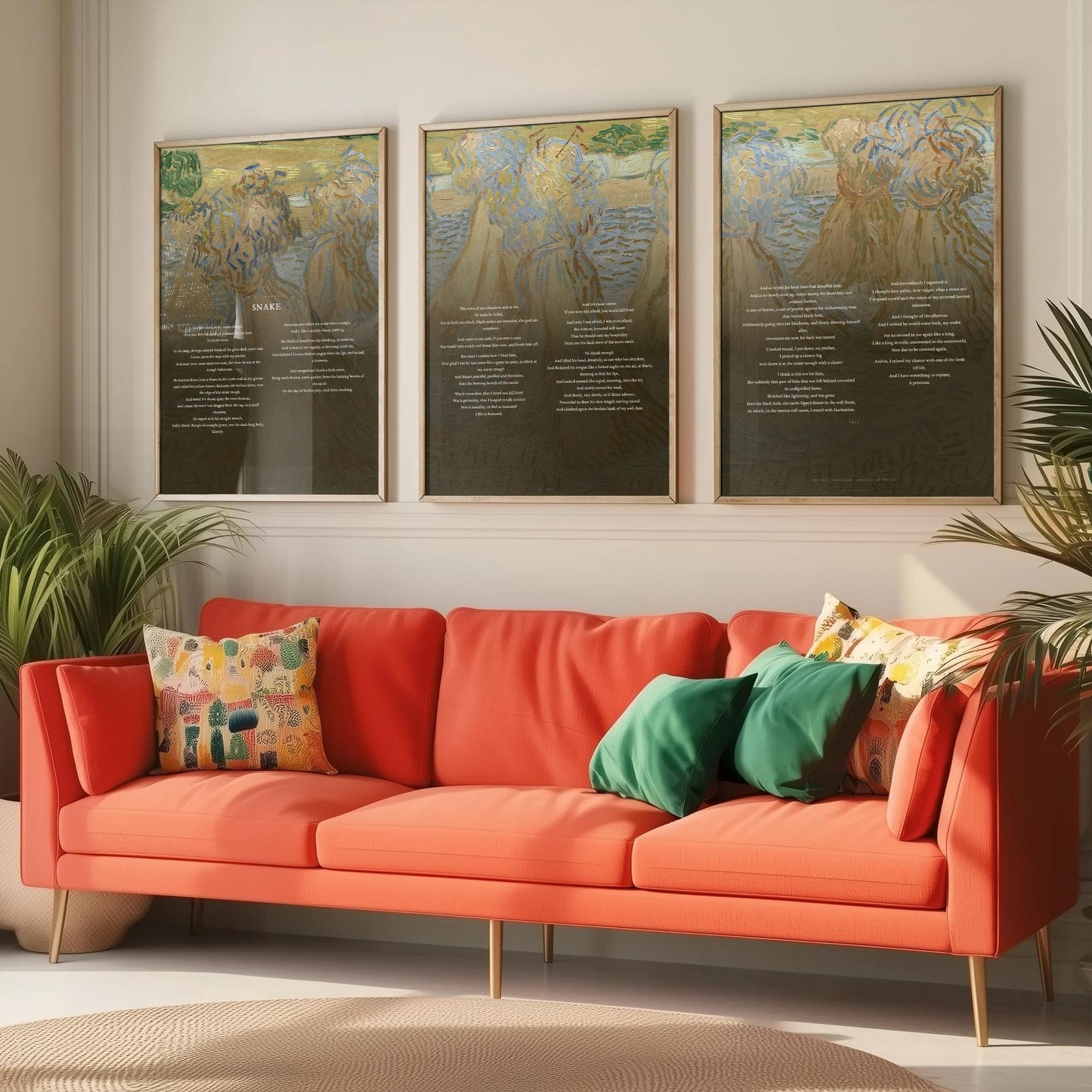 Snake by D H Lawrence Set of Three Art Prints - Full Poem over Van Gogh Sheaves of Wheat Painting - Poetry Poster Triptych Wall Decor