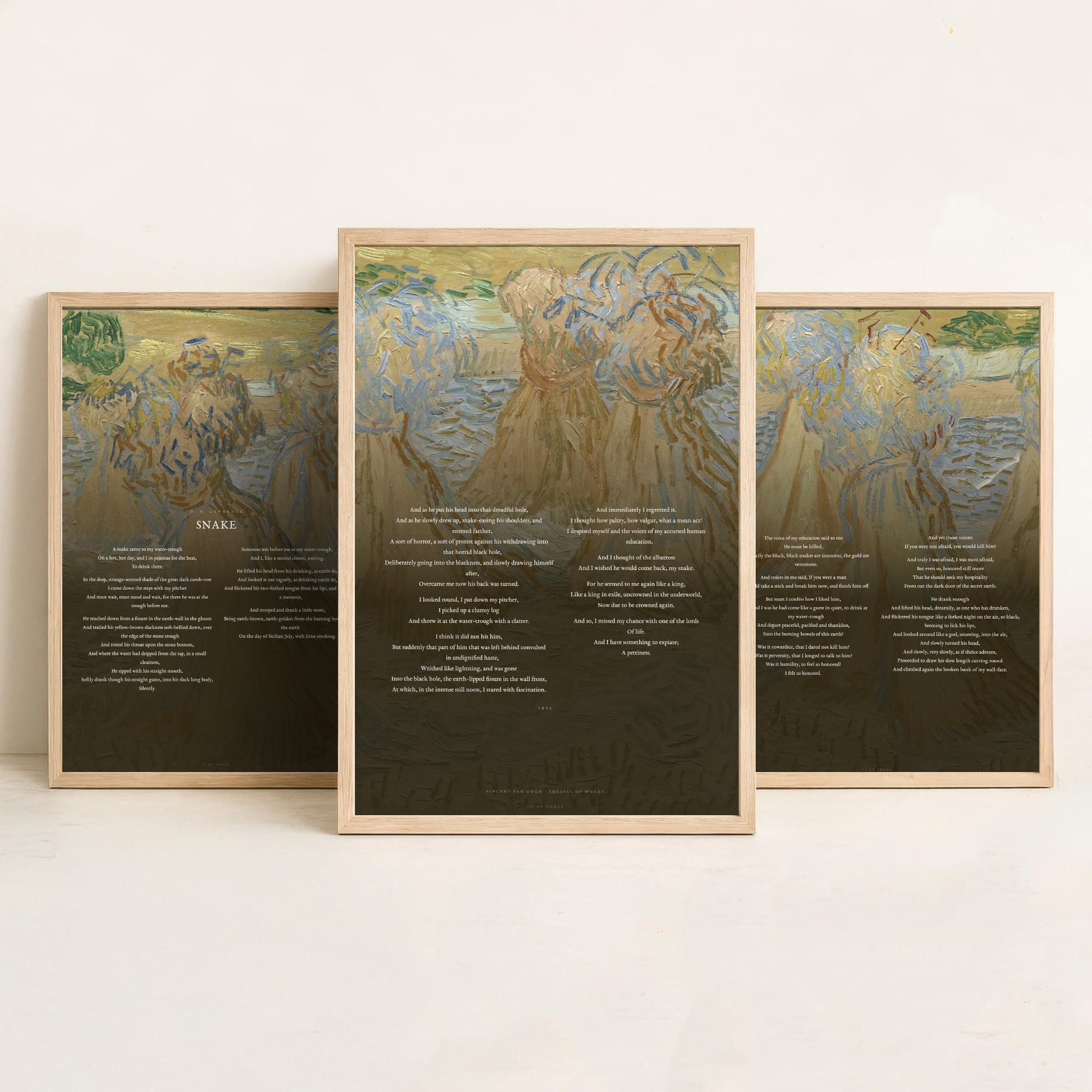 Snake by D H Lawrence Set of Three Art Prints - Full Poem over Van Gogh Sheaves of Wheat Painting - Poetry Poster Triptych Wall Decor