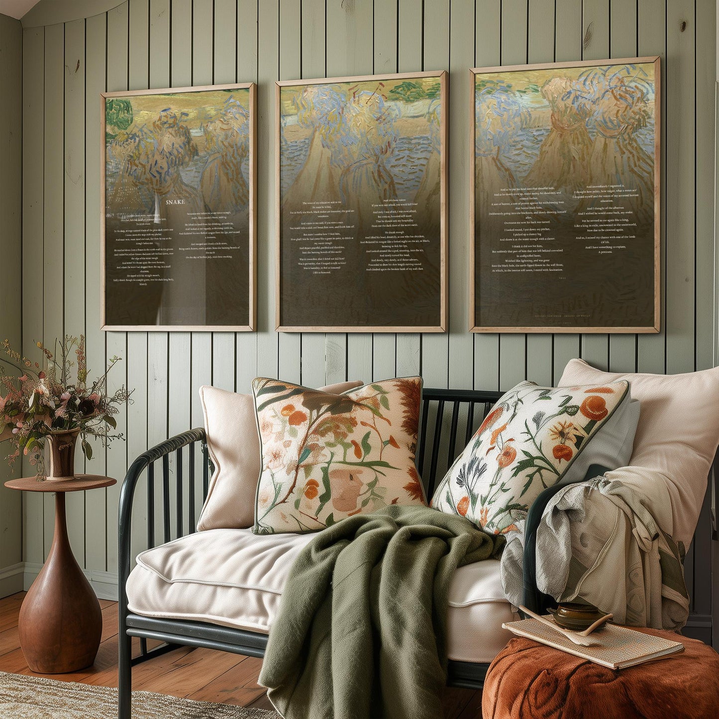 Snake by D H Lawrence Set of Three Art Prints - Full Poem over Van Gogh Sheaves of Wheat Painting - Poetry Poster Triptych Wall Decor