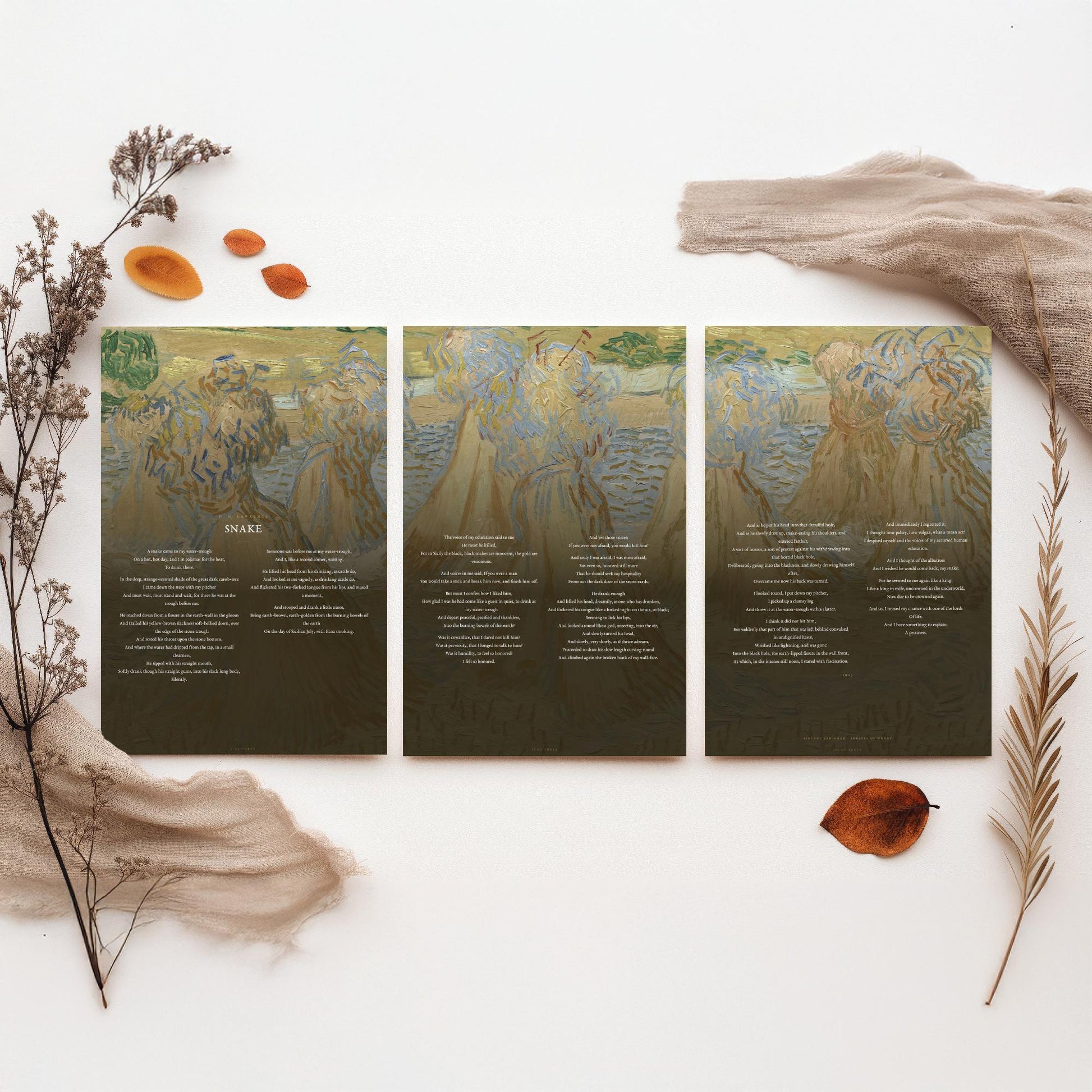 Snake by D H Lawrence Set of Three Art Prints - Full Poem over Van Gogh Sheaves of Wheat Painting - Poetry Poster Triptych Wall Decor