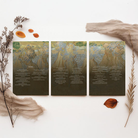 Snake by D H Lawrence Set of Three Art Prints - Full Poem over Van Gogh Sheaves of Wheat Painting - Poetry Poster Triptych Wall Decor