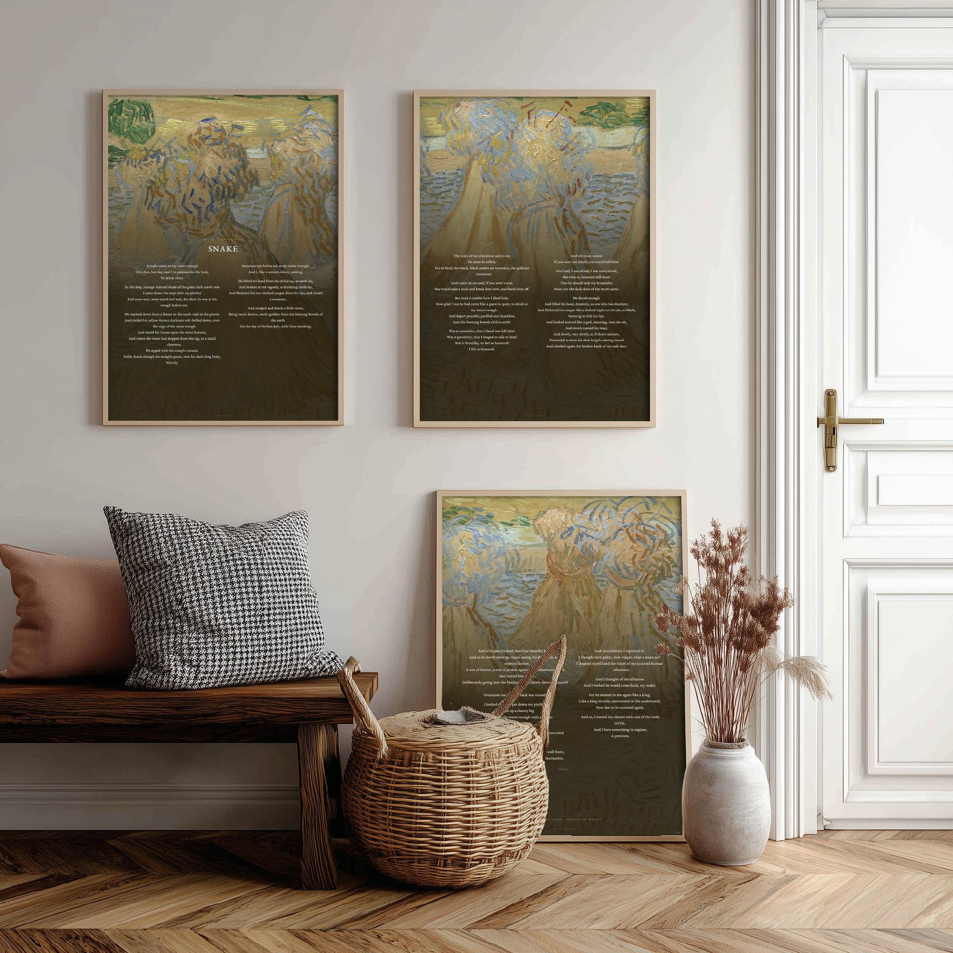 Snake by D H Lawrence Set of Three Art Prints - Full Poem over Van Gogh Sheaves of Wheat Painting - Poetry Poster Triptych Wall Decor