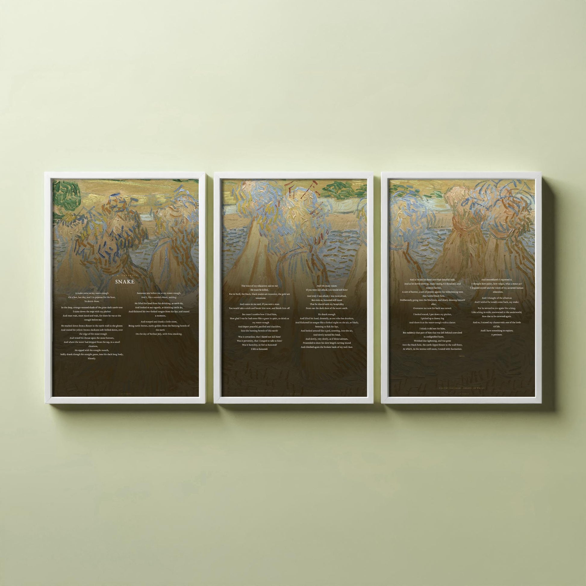 Snake by D H Lawrence Set of Three Art Prints - Full Poem over Van Gogh Sheaves of Wheat Painting - Poetry Poster Triptych Wall Decor