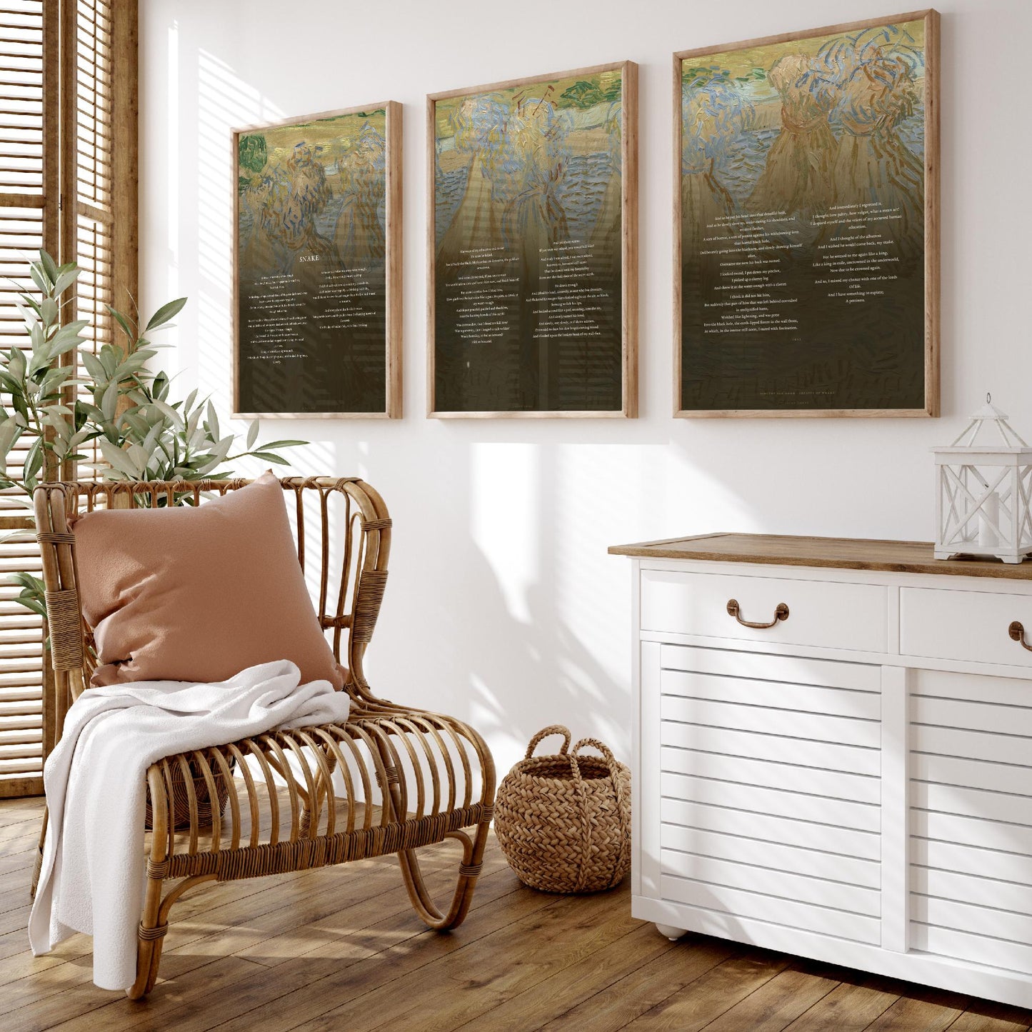 Snake by D H Lawrence Set of Three Art Prints - Full Poem over Van Gogh Sheaves of Wheat Painting - Poetry Poster Triptych Wall Decor