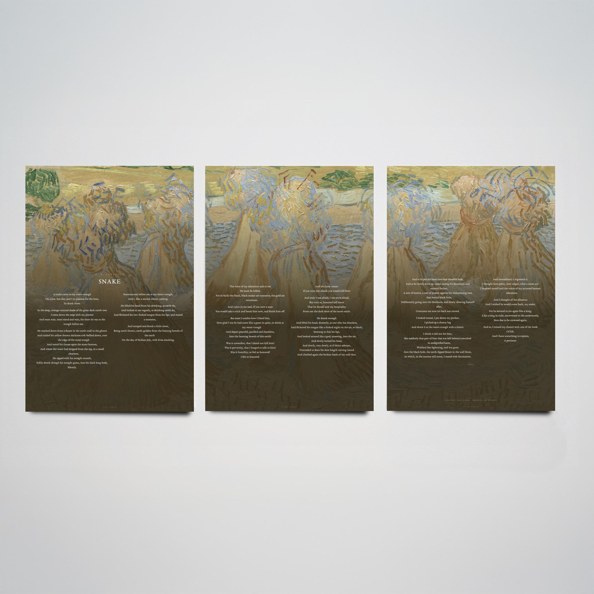 Snake by D H Lawrence Set of Three Art Prints - Full Poem over Van Gogh Sheaves of Wheat Painting - Poetry Poster Triptych Wall Decor
