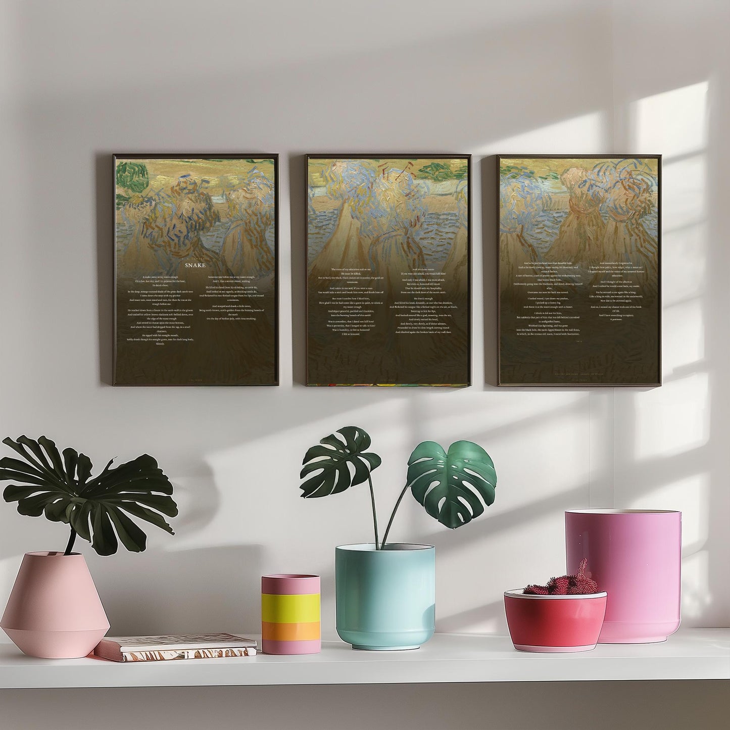 Snake by D H Lawrence Set of Three Art Prints - Full Poem over Van Gogh Sheaves of Wheat Painting - Poetry Poster Triptych Wall Decor