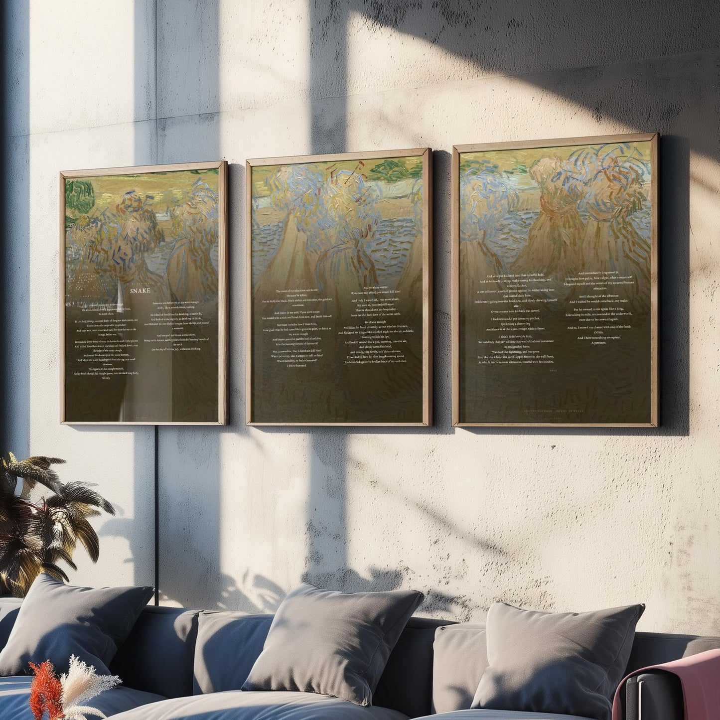Snake by D H Lawrence Set of Three Art Prints - Full Poem over Van Gogh Sheaves of Wheat Painting - Poetry Poster Triptych Wall Decor