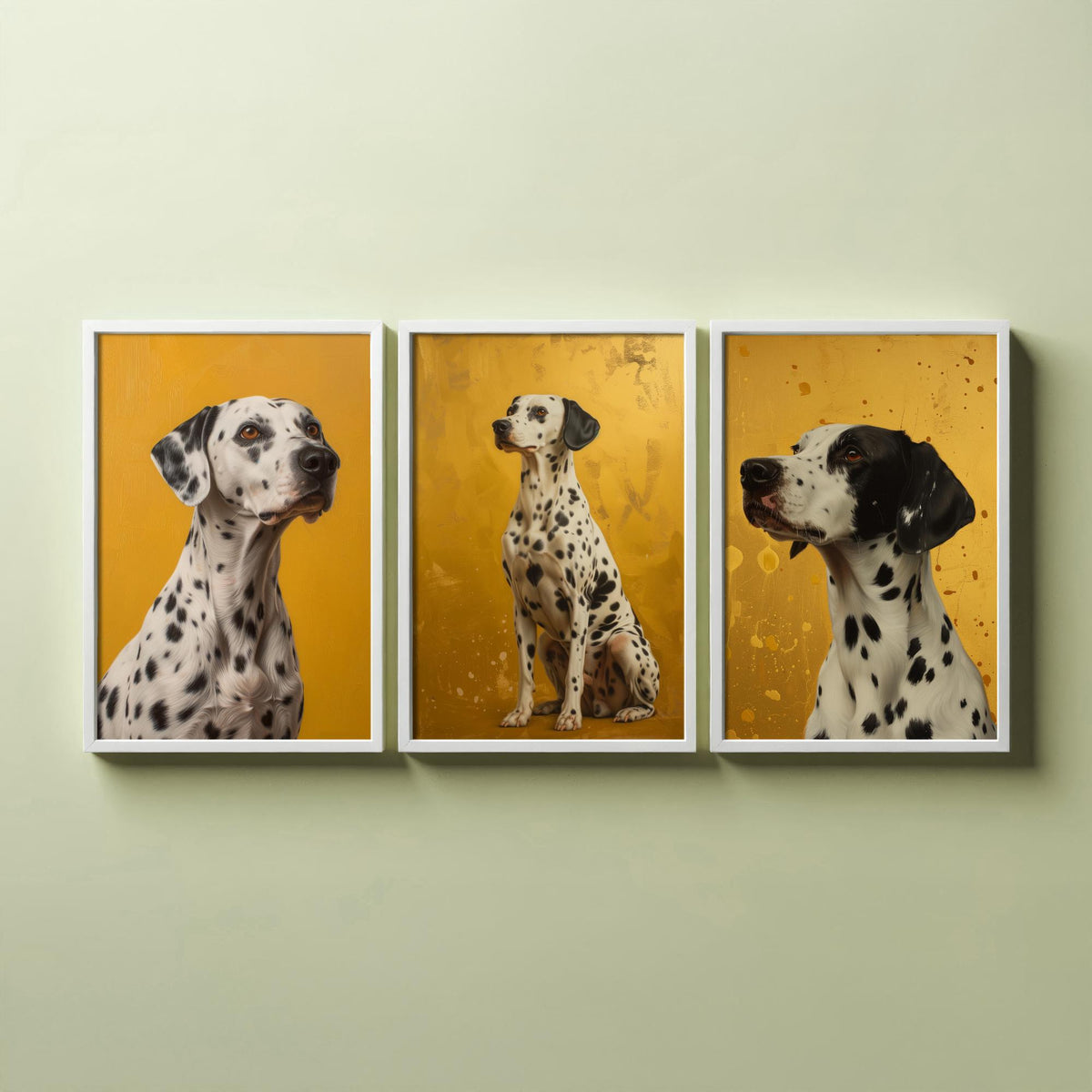 Dalmatian Set of Three Art Prints - 3 Dog Portrait Posters - Golden Yellow Oil Painting Style Wall Art Gift Pet Decor