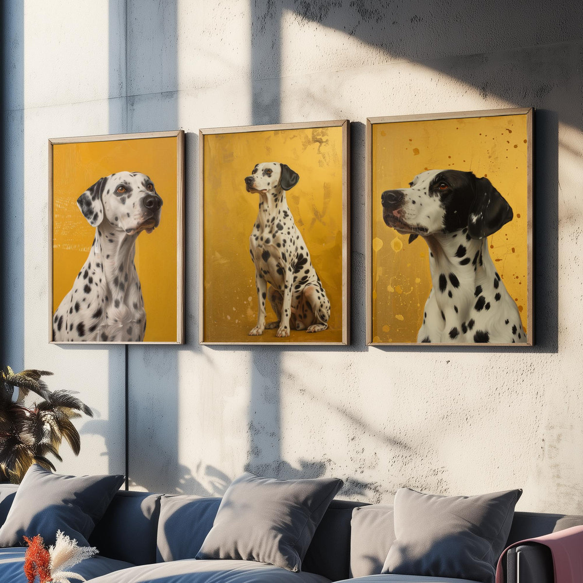 Dalmatian Set of Three Art Prints - 3 Dog Portrait Posters - Golden Yellow Oil Painting Style Wall Art Gift Pet Decor