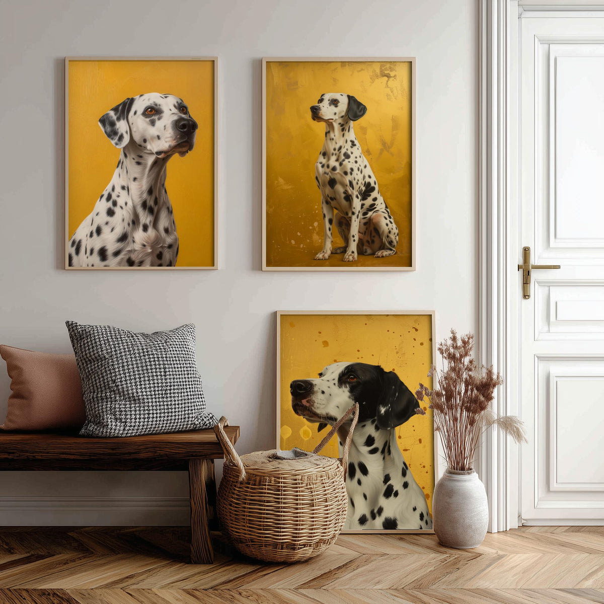 Dalmatian Set of Three Art Prints - 3 Dog Portrait Posters - Golden Yellow Oil Painting Style Wall Art Gift Pet Decor