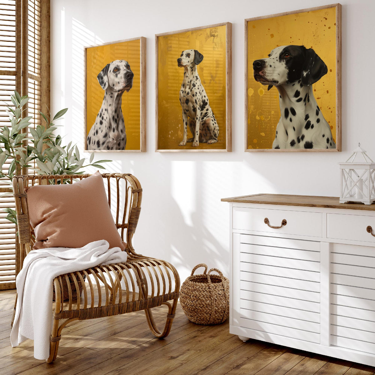 Dalmatian Set of Three Art Prints - 3 Dog Portrait Posters - Golden Yellow Oil Painting Style Wall Art Gift Pet Decor