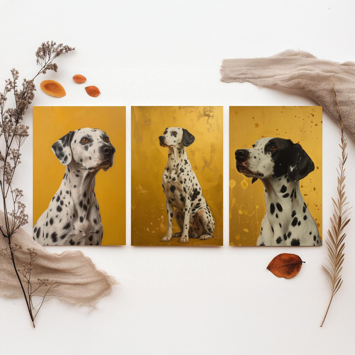 Dalmatian Set of Three Art Prints - 3 Dog Portrait Posters - Golden Yellow Oil Painting Style Wall Art Gift Pet Decor