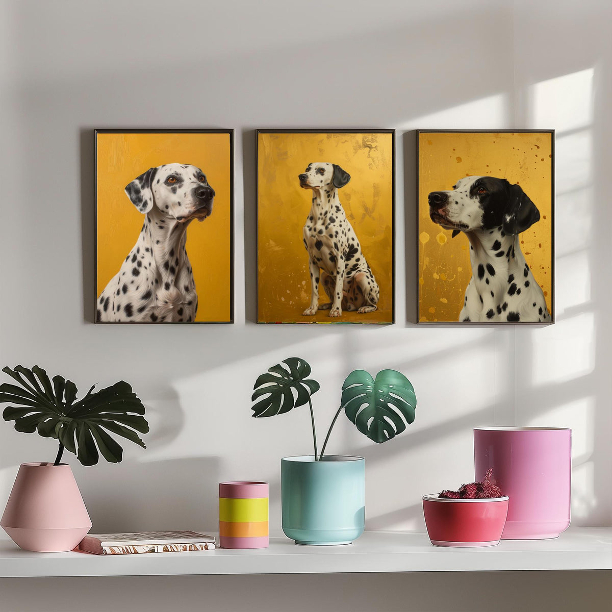 Dalmatian Set of Three Art Prints - 3 Dog Portrait Posters - Golden Yellow Oil Painting Style Wall Art Gift Pet Decor
