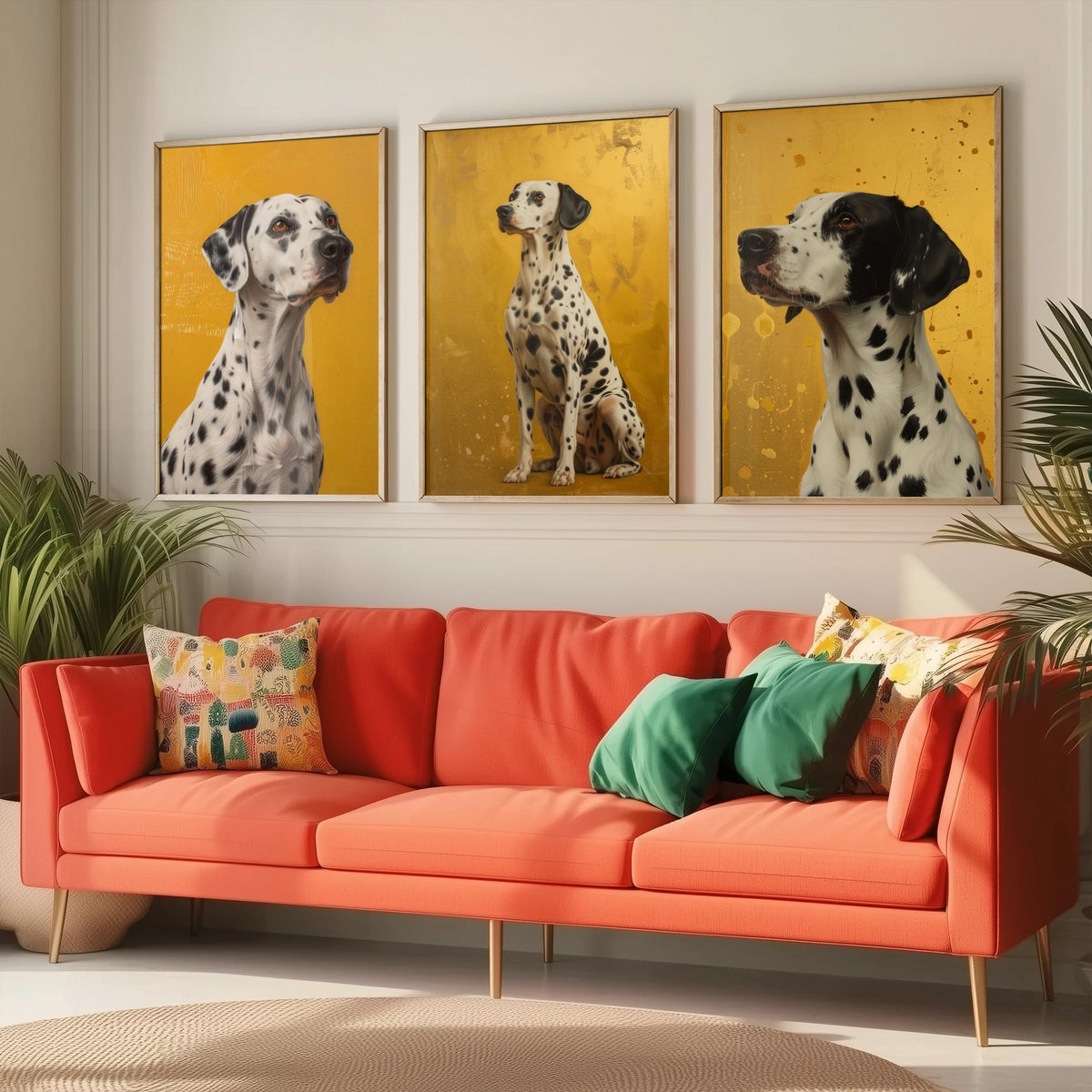 Dalmatian Set of Three Art Prints - 3 Dog Portrait Posters - Golden Yellow Oil Painting Style Wall Art Gift Pet Decor